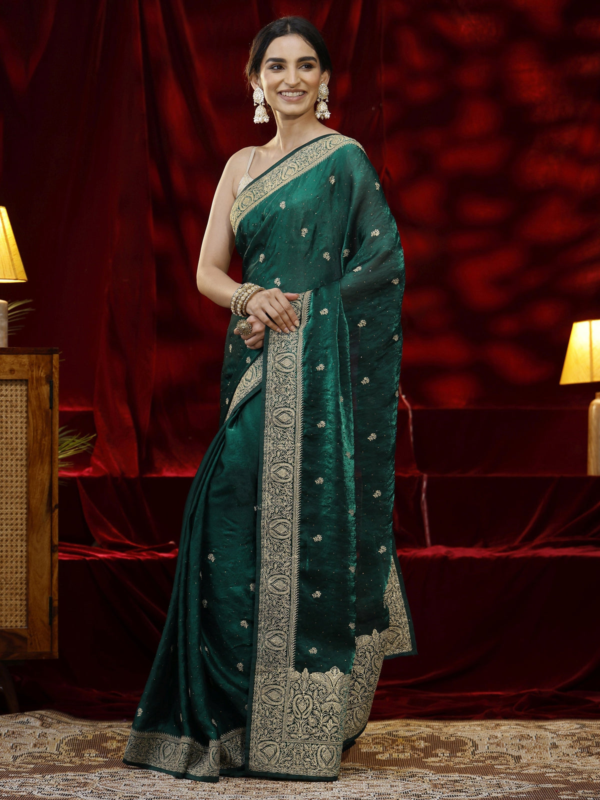 Libas Green Floral Embroidered Tissue Saree