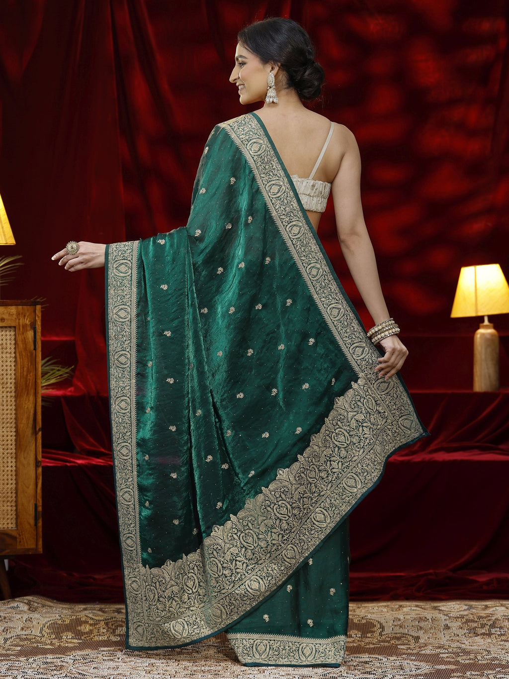 Libas Green Floral Embroidered Tissue Saree