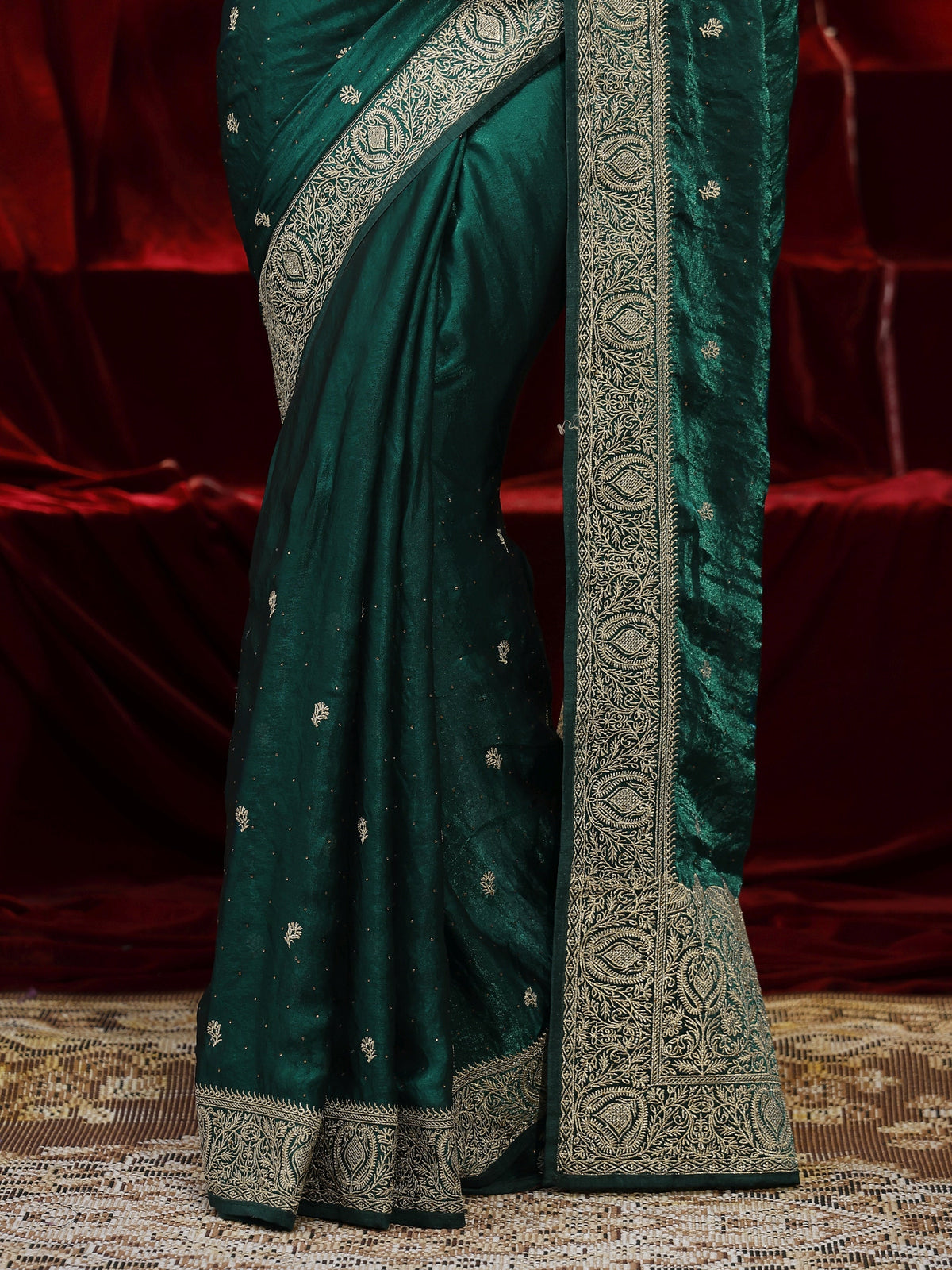Libas Green Floral Embroidered Tissue Saree
