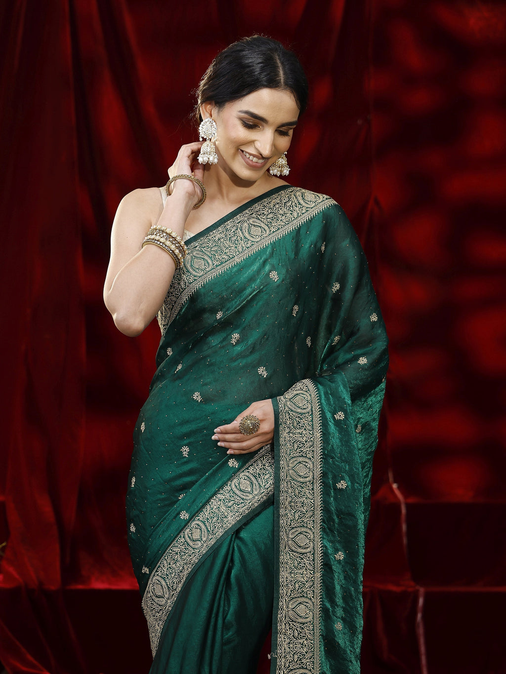 Libas Green Floral Embroidered Tissue Saree