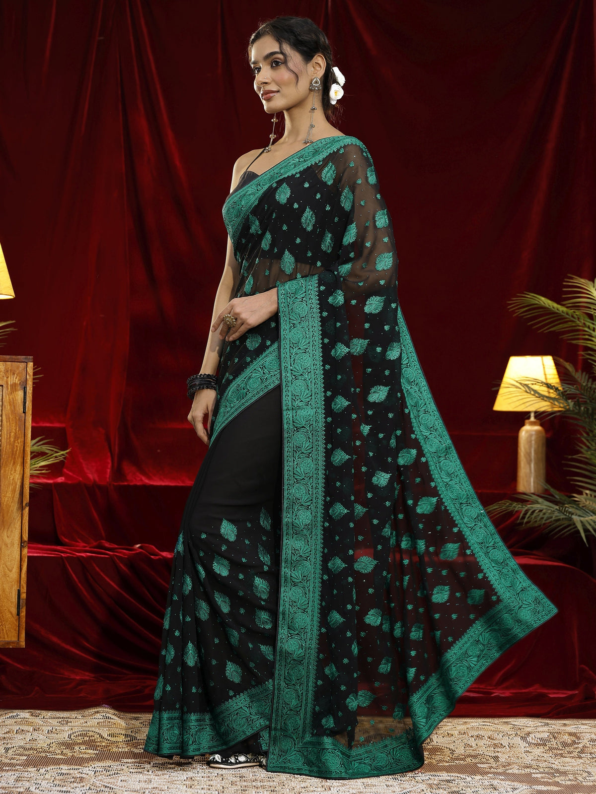 Libas Black Embroidered Georgette Saree