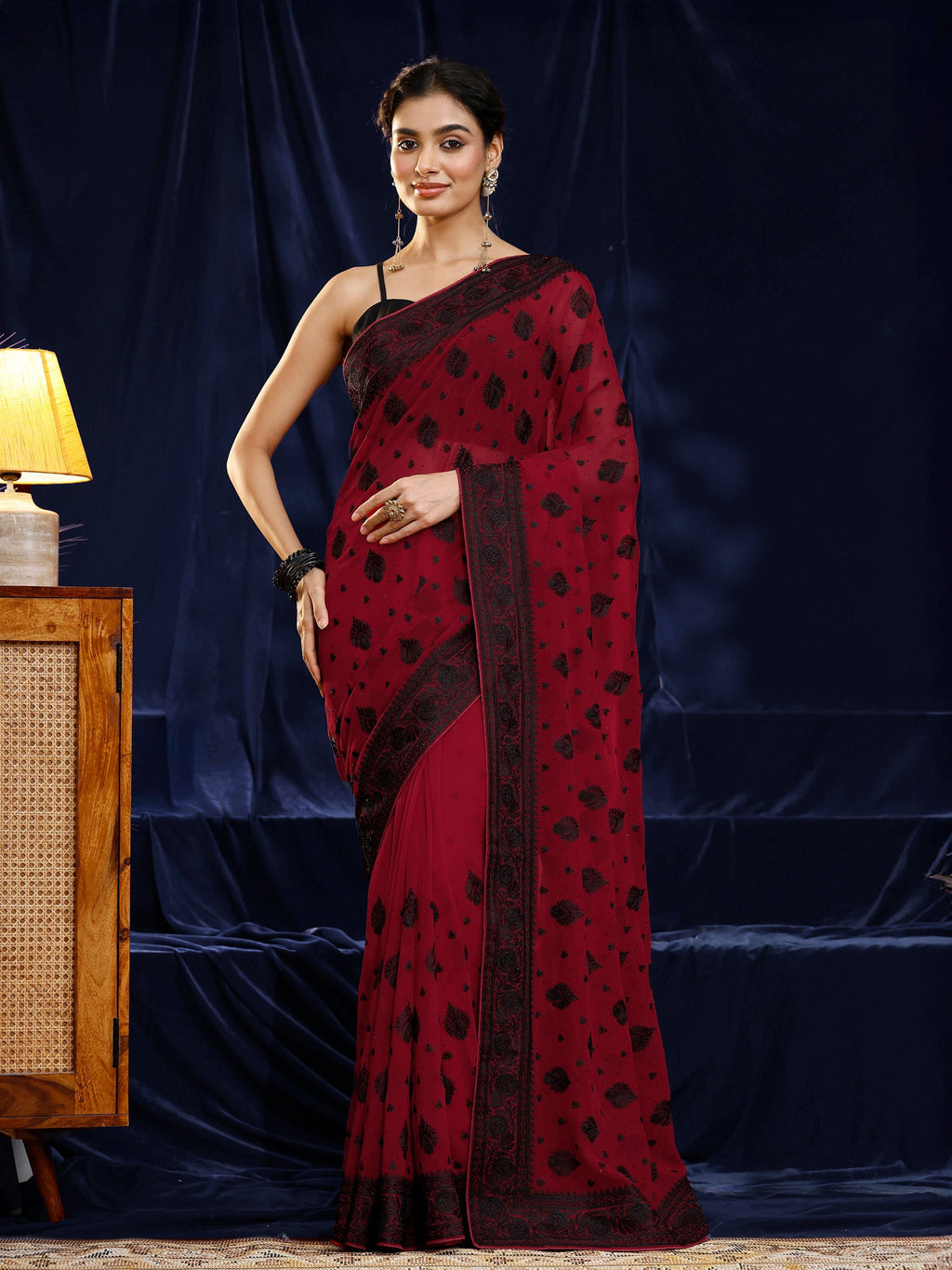 Libas Red Embroidered Georgette Saree