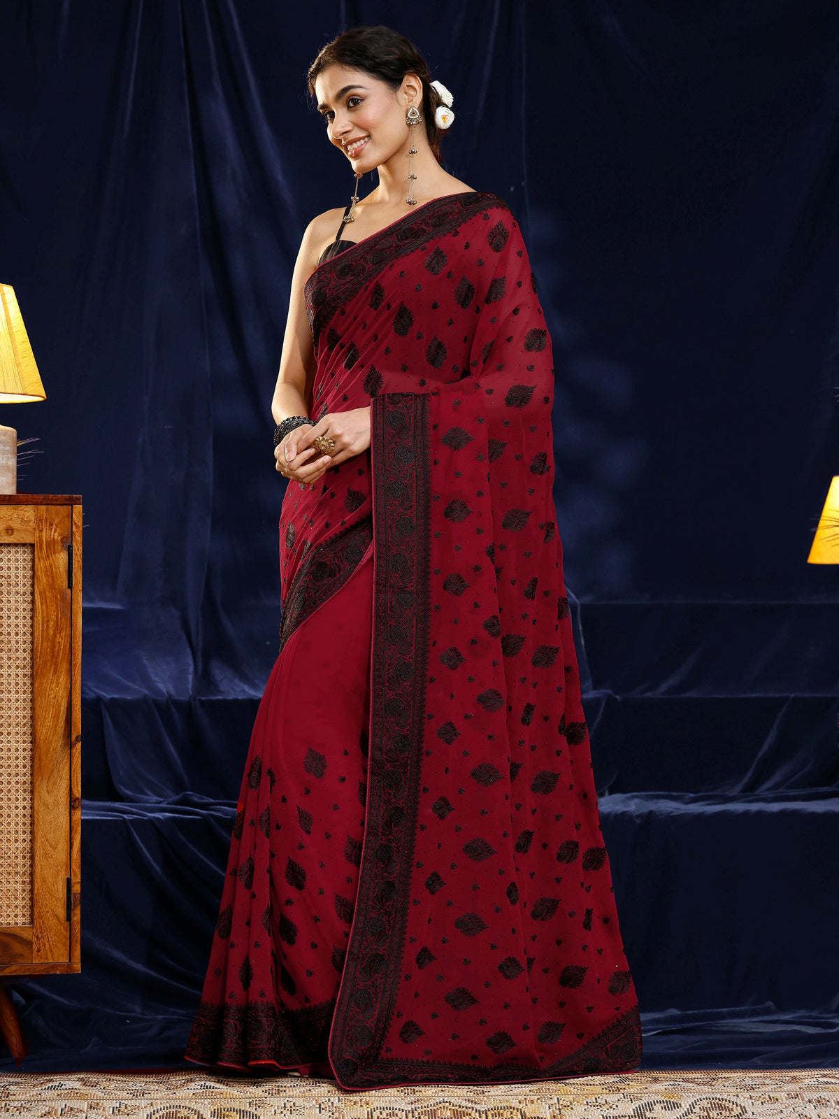 Libas Red Embroidered Georgette Saree