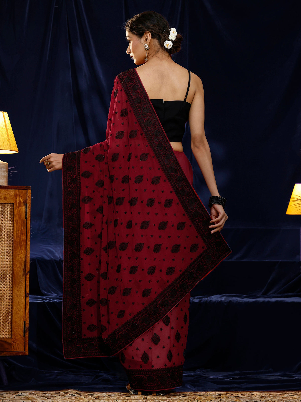 Libas Red Embroidered Georgette Saree