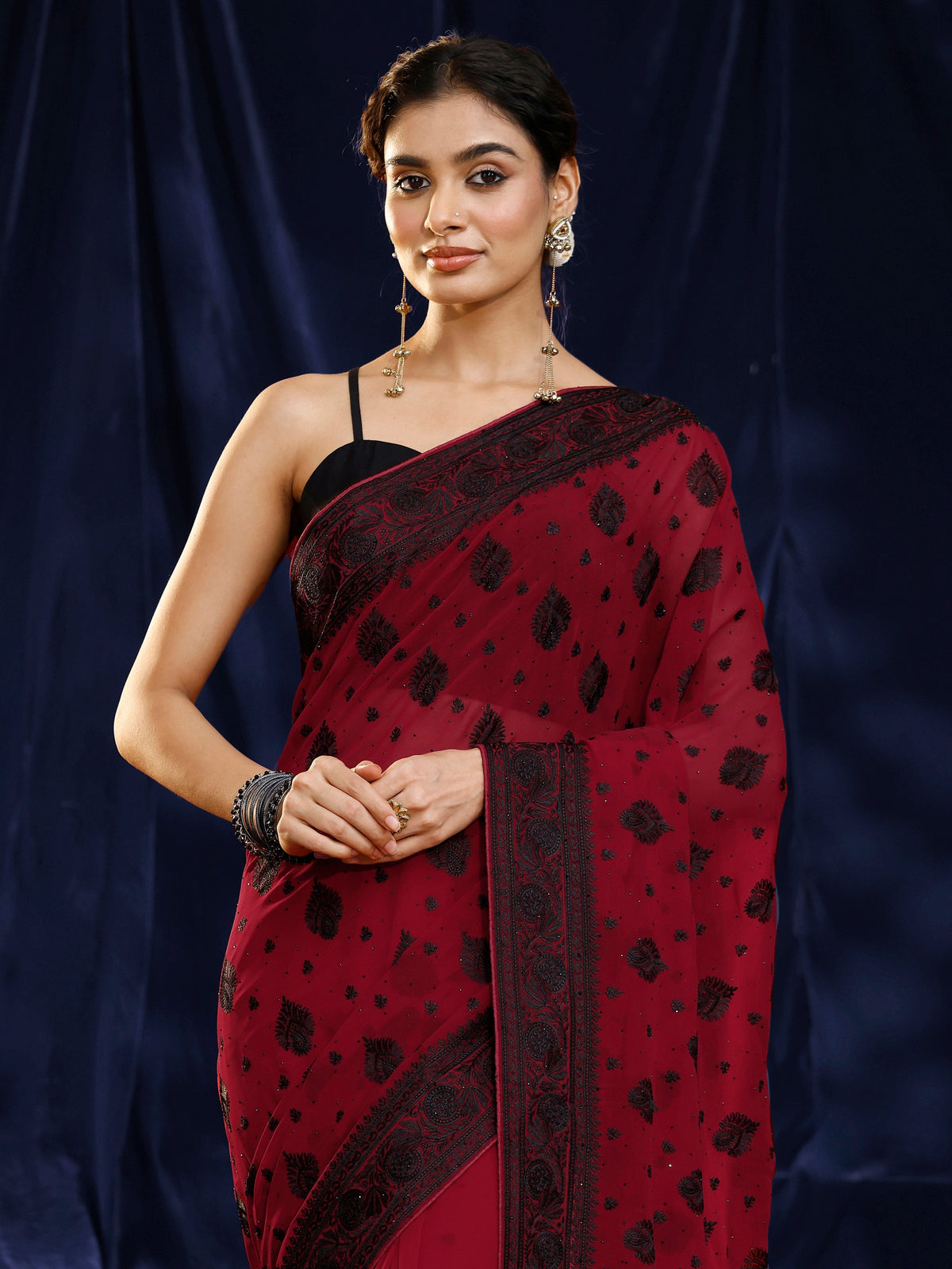 Libas Red Embroidered Georgette Saree