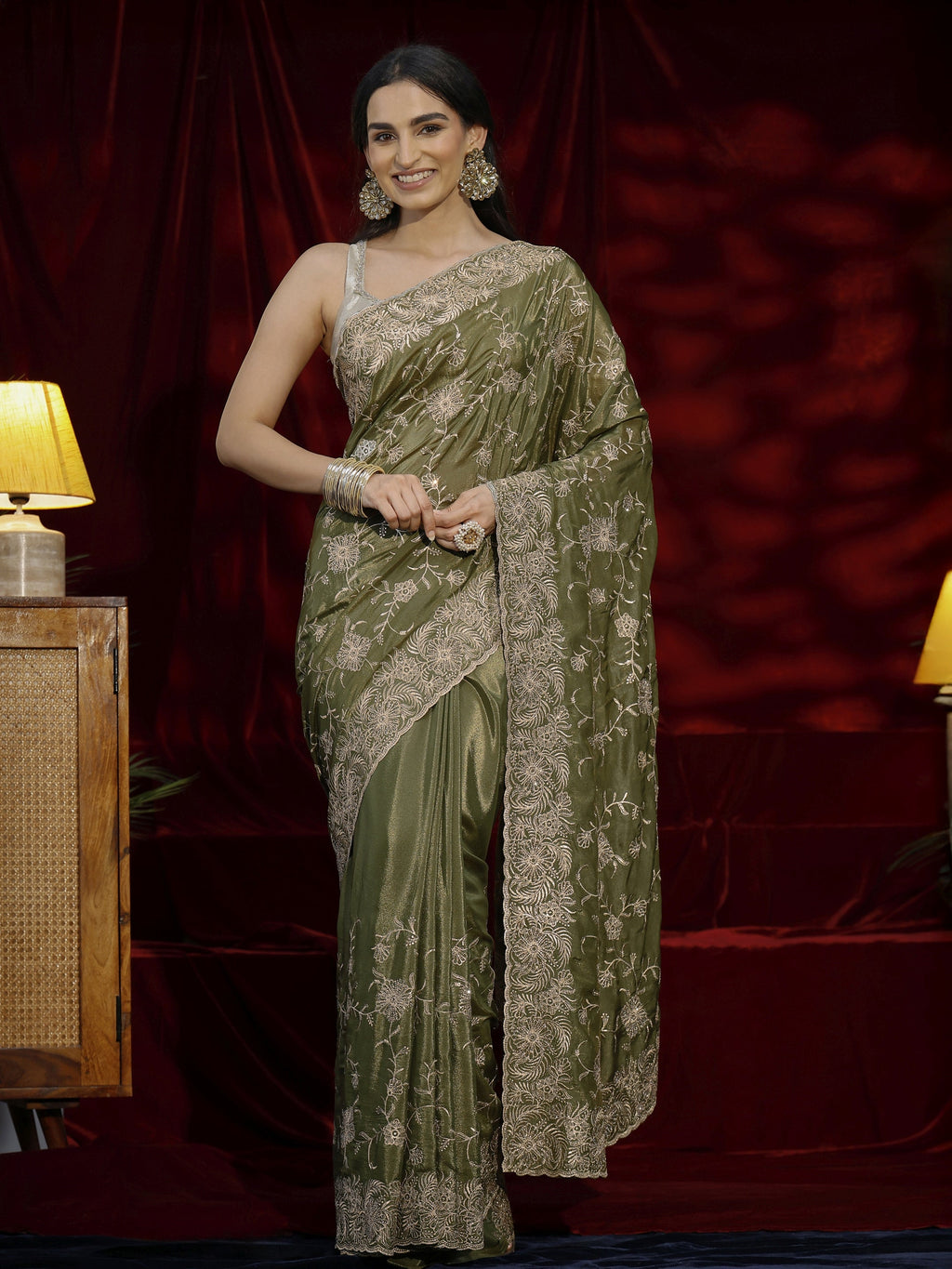 Libas Green Floral Embroidered Satin Saree