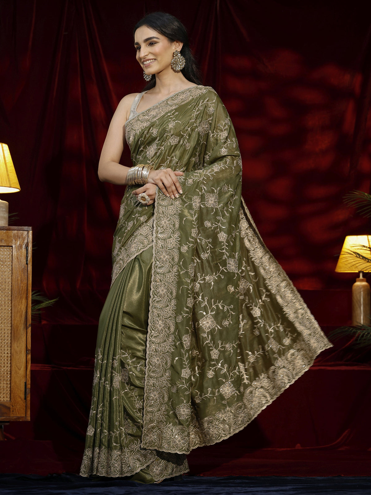Libas Green Floral Embroidered Satin Saree