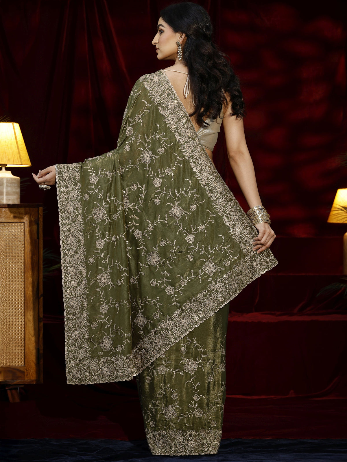 Libas Green Floral Embroidered Satin Saree