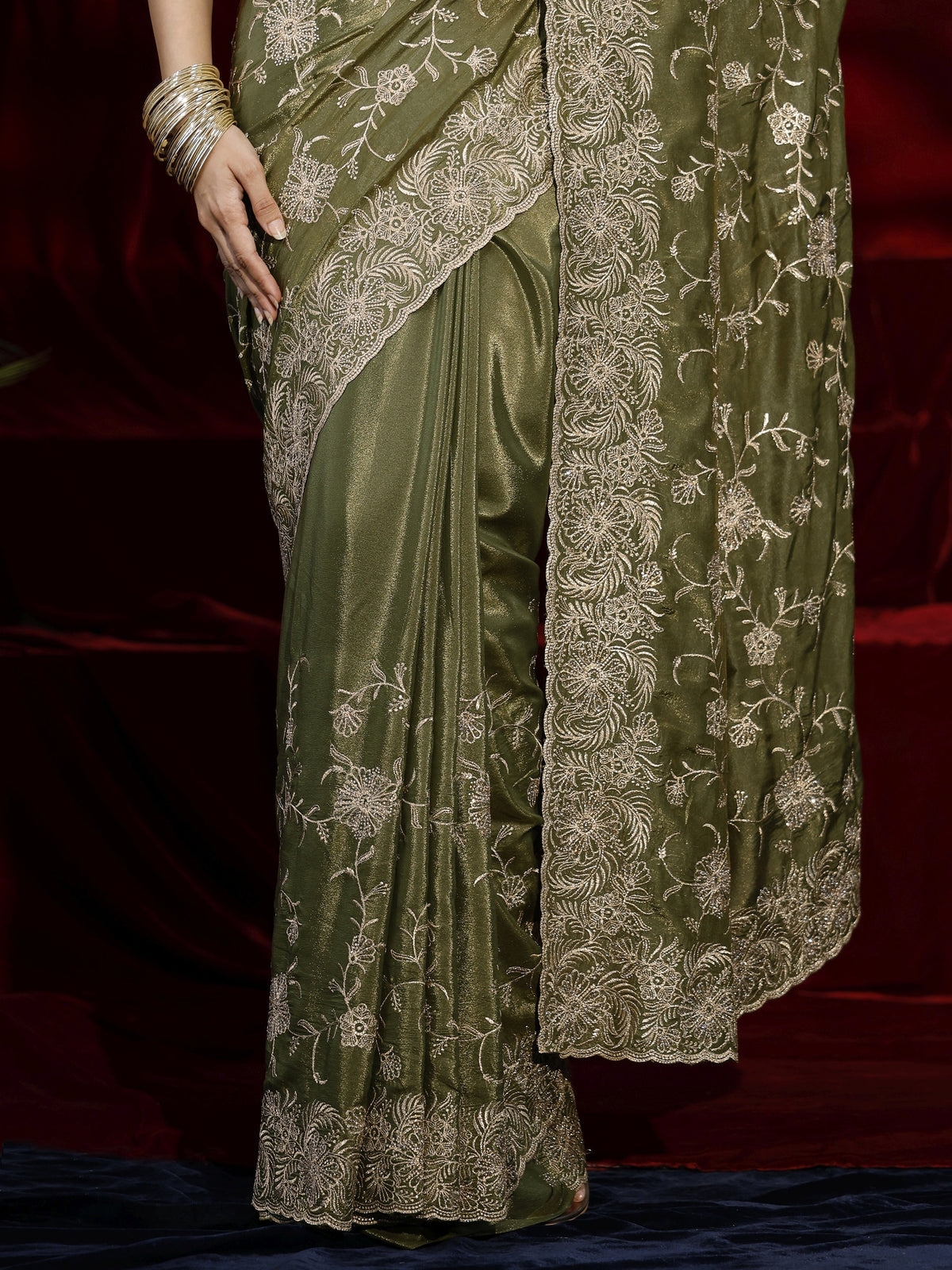 Libas Green Floral Embroidered Satin Saree
