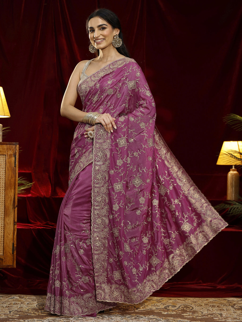 Libas Pink Floral Embroidered Satin Saree