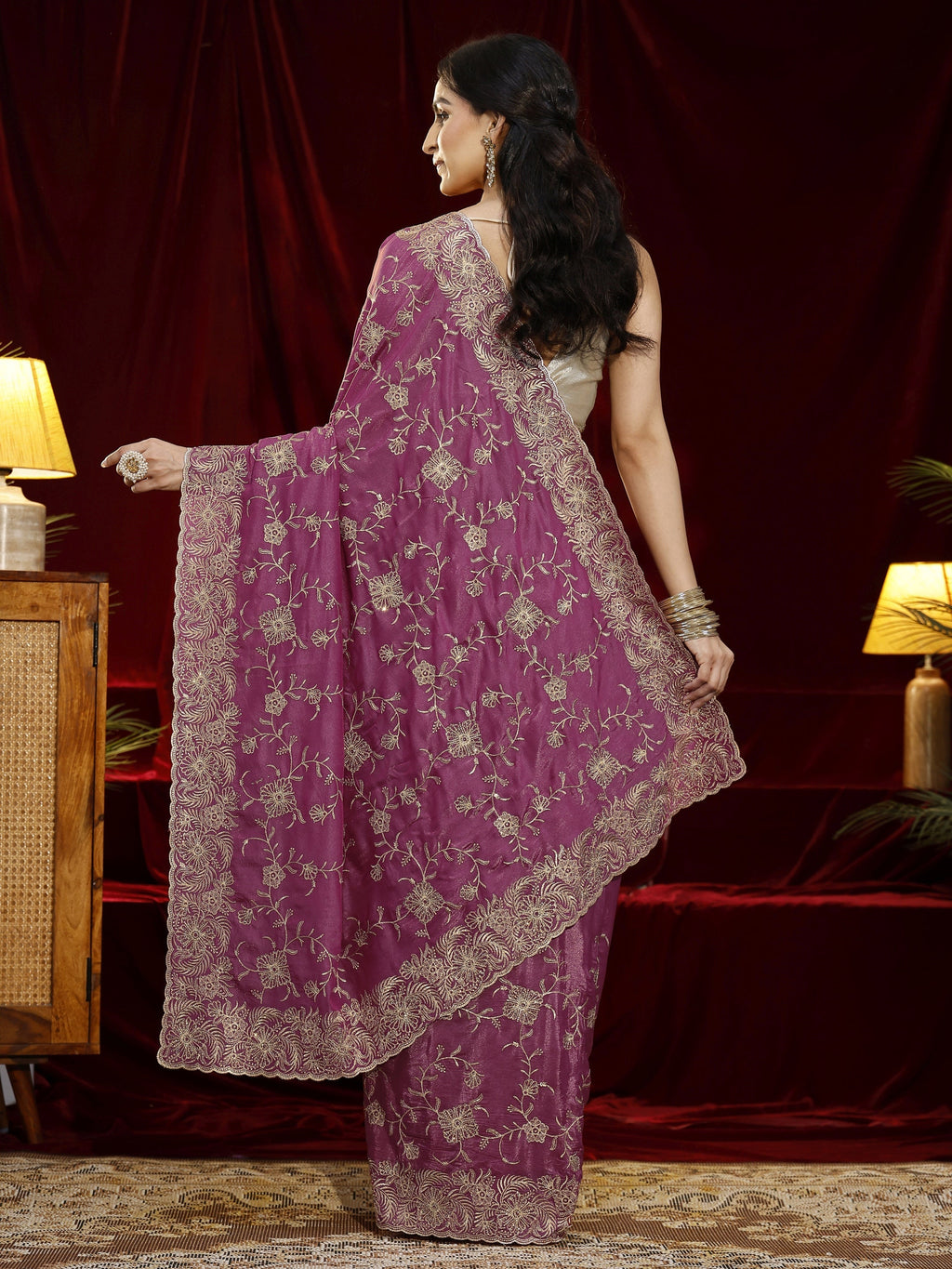 Libas Pink Floral Embroidered Satin Saree