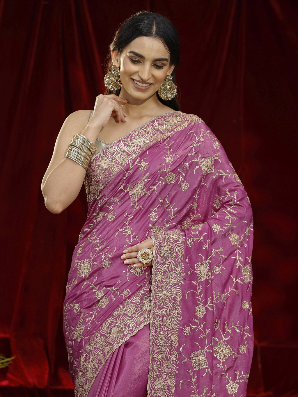 Libas Pink Floral Embroidered Satin Saree