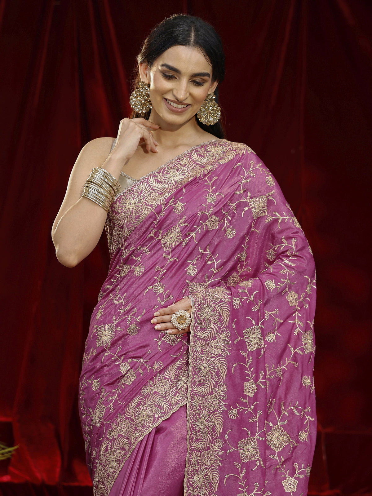 Libas Pink Floral Embroidered Satin Saree