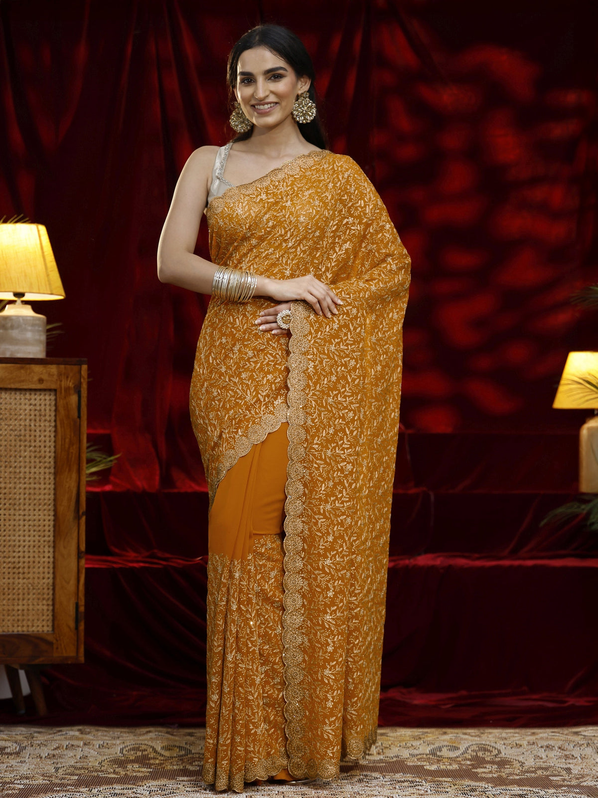 Libas Mustard Floral Embroidered Georgette Saree