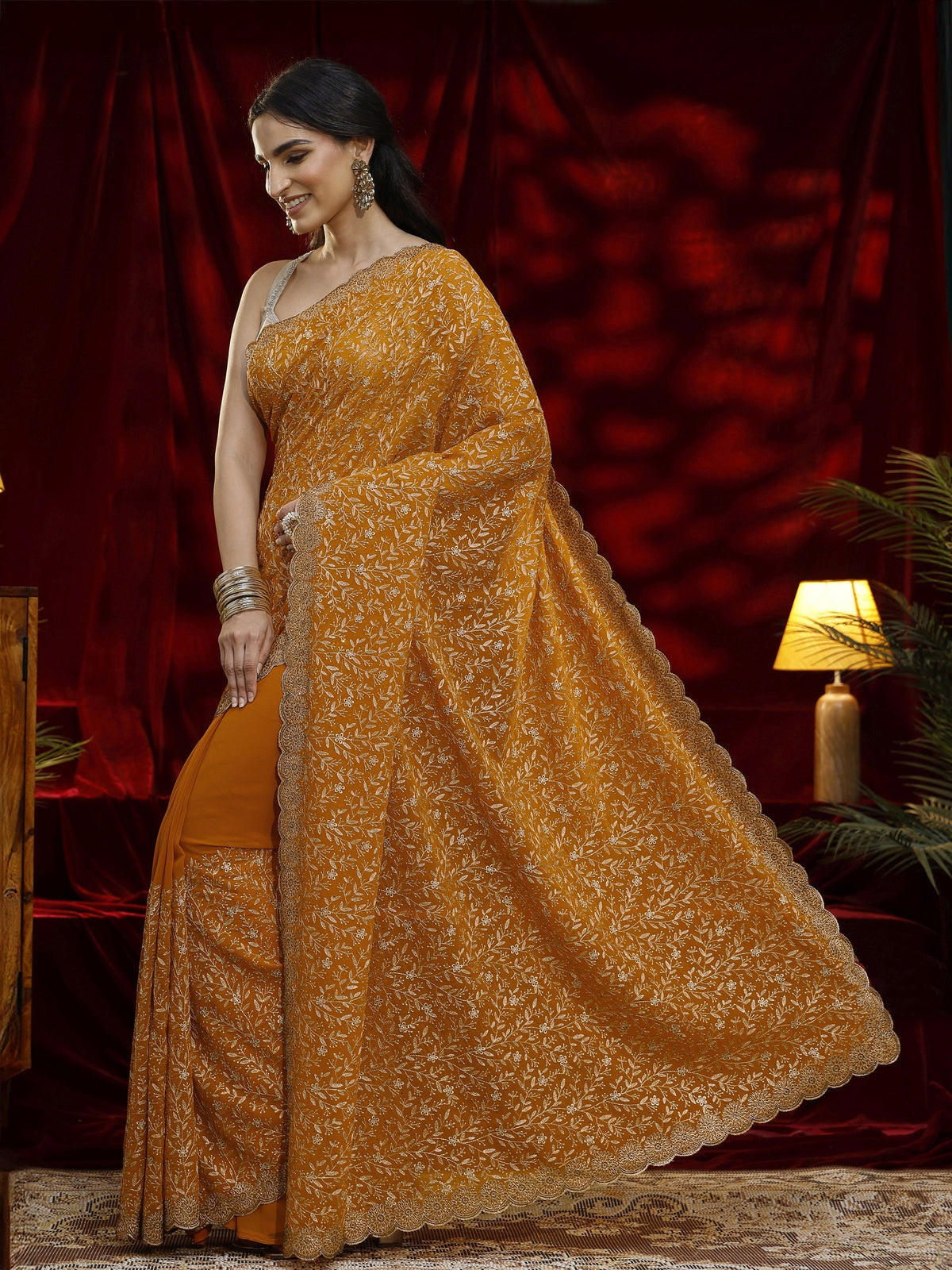 Libas Mustard Floral Embroidered Georgette Saree