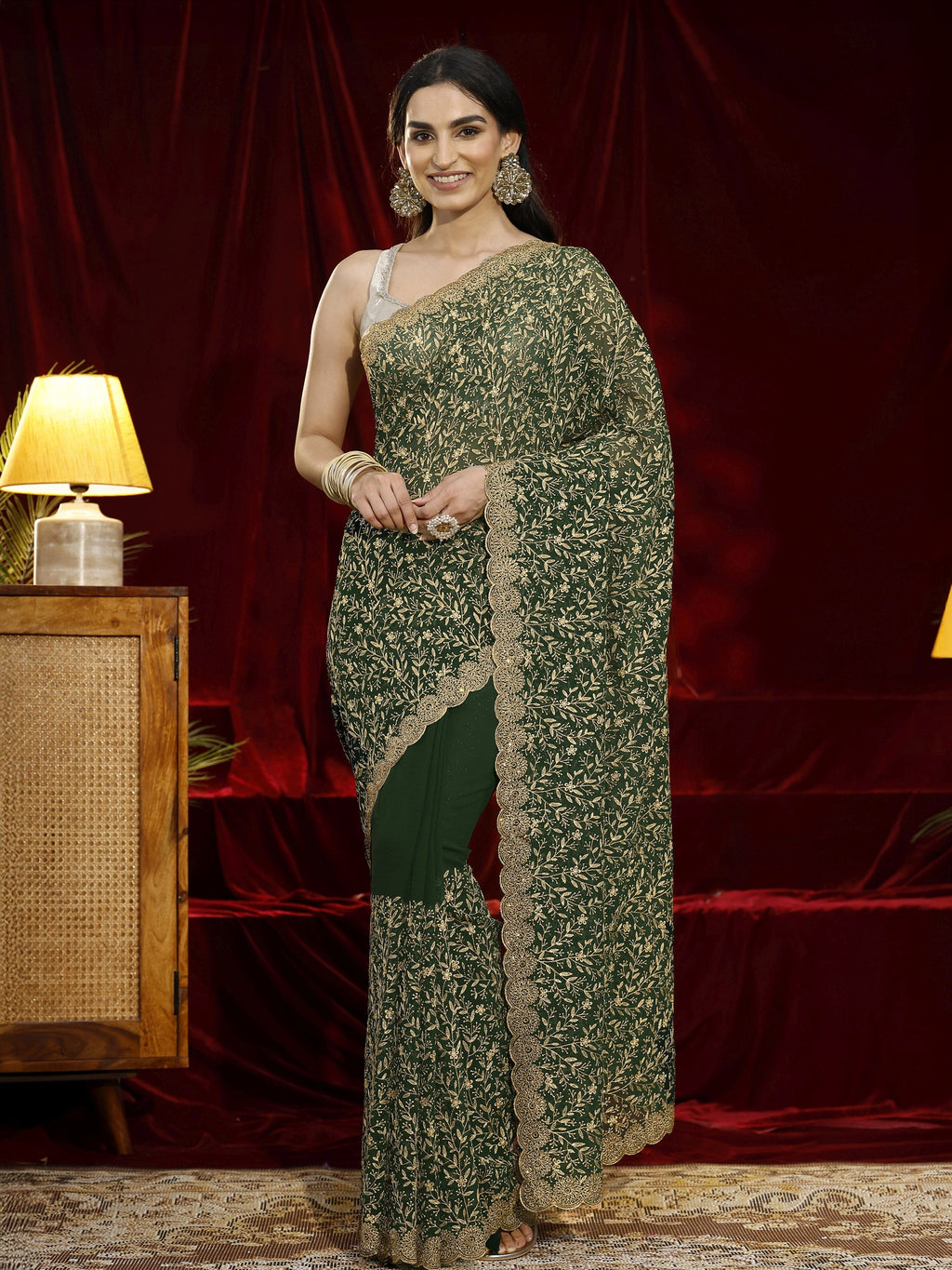 Libas Green Floral Embroidered Georgette Saree