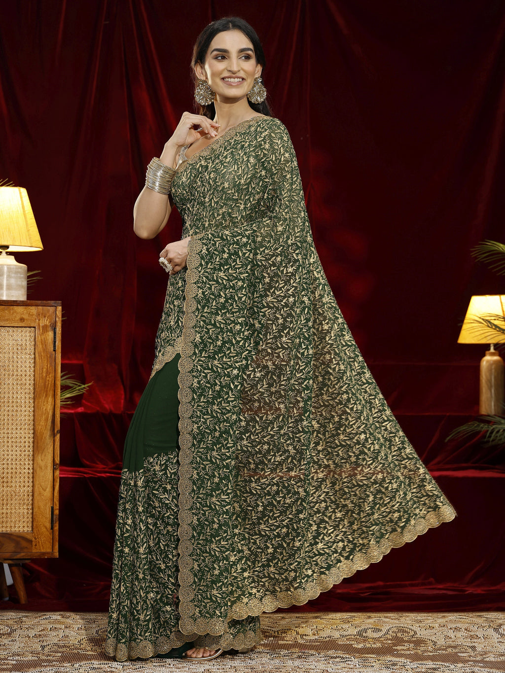 Libas Green Floral Embroidered Georgette Saree
