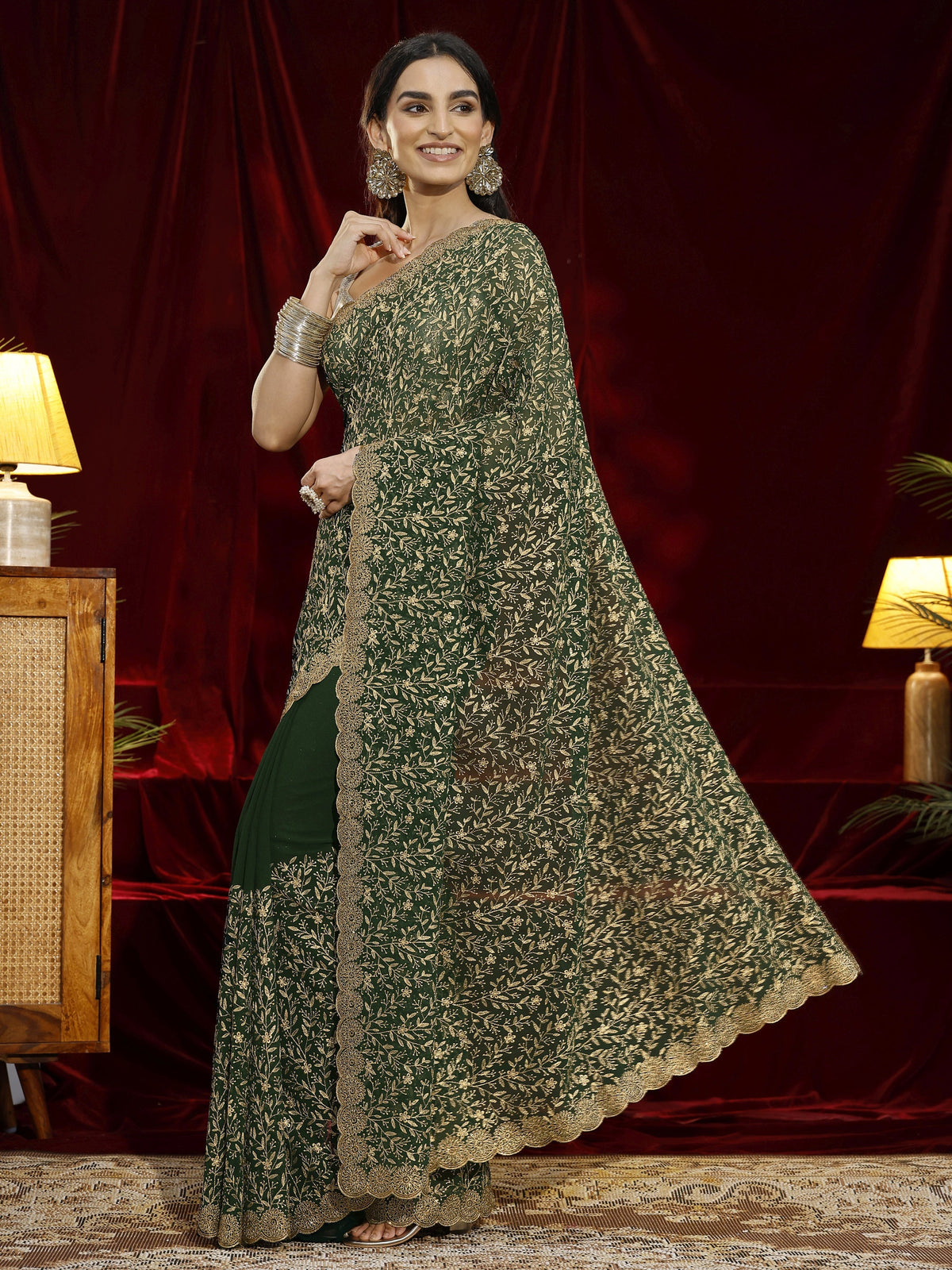 Libas Green Floral Embroidered Georgette Saree