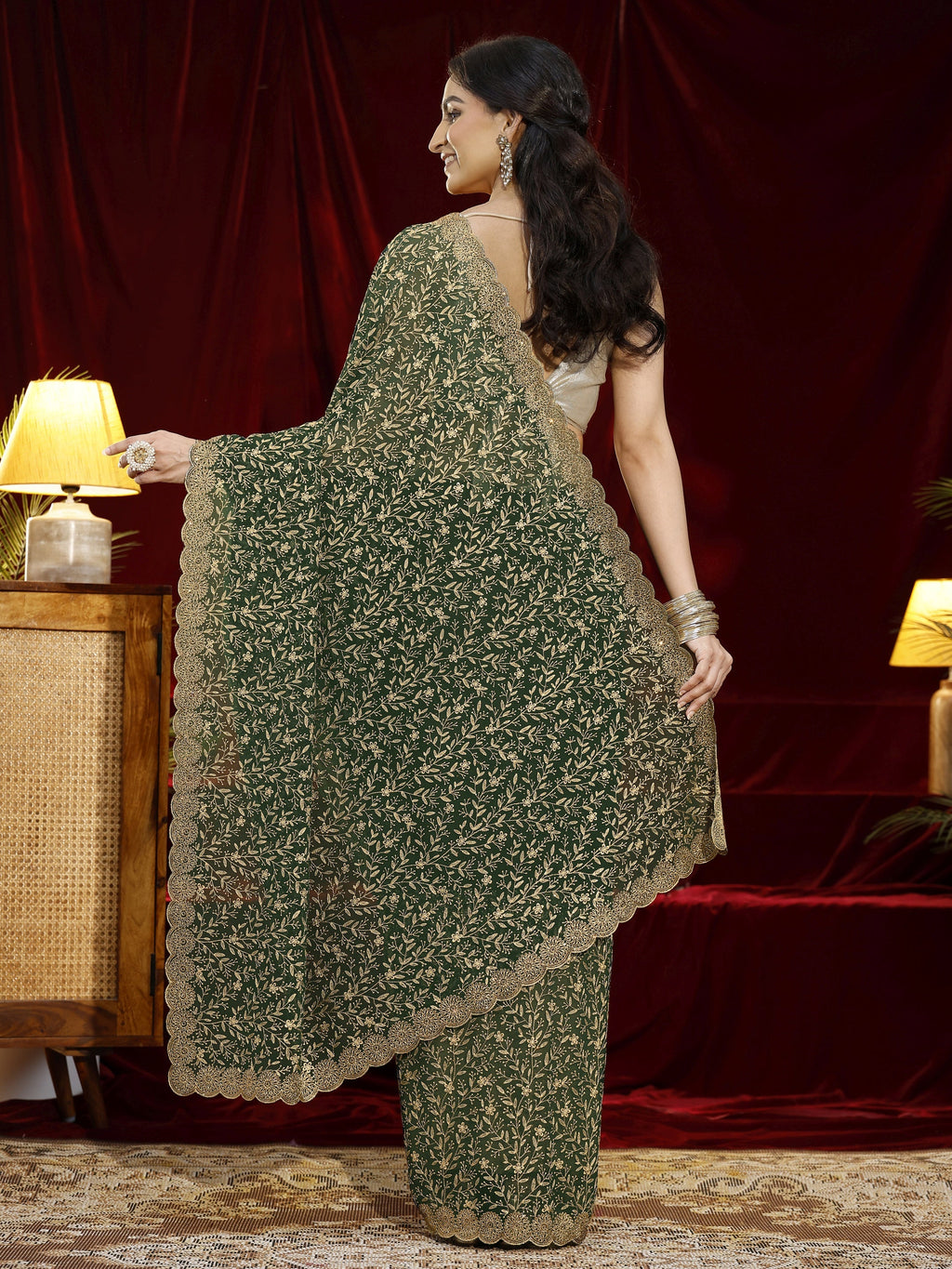Libas Green Floral Embroidered Georgette Saree