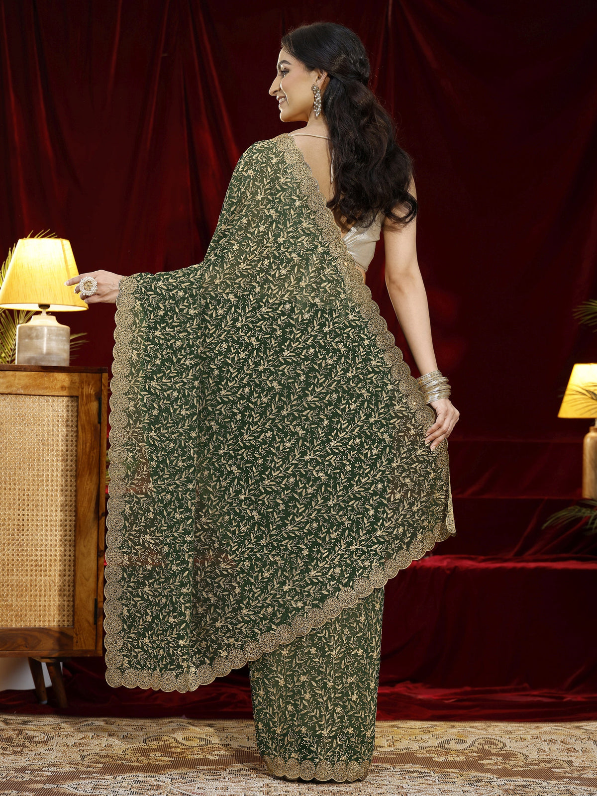 Libas Green Floral Embroidered Georgette Saree