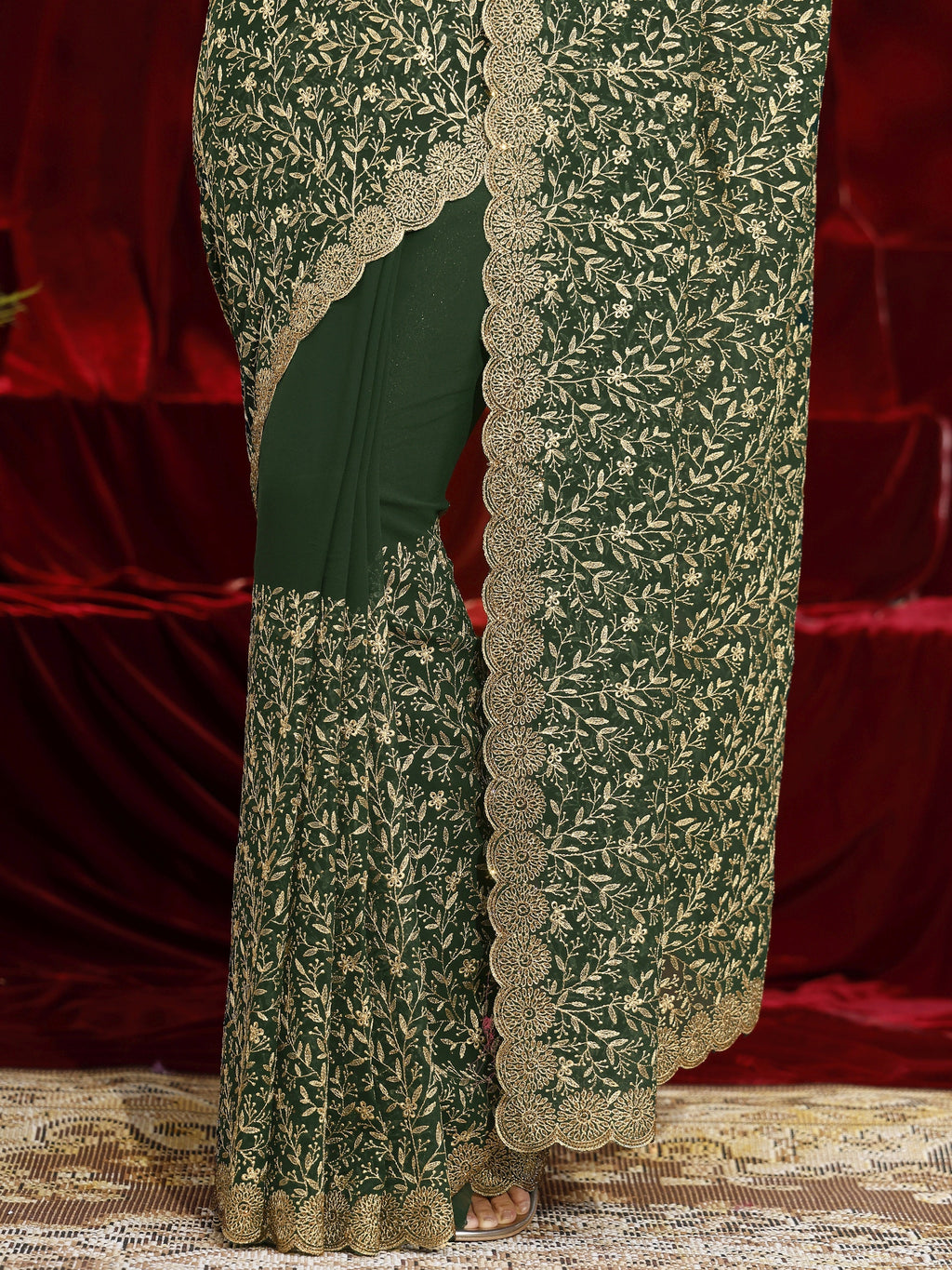 Libas Green Floral Embroidered Georgette Saree