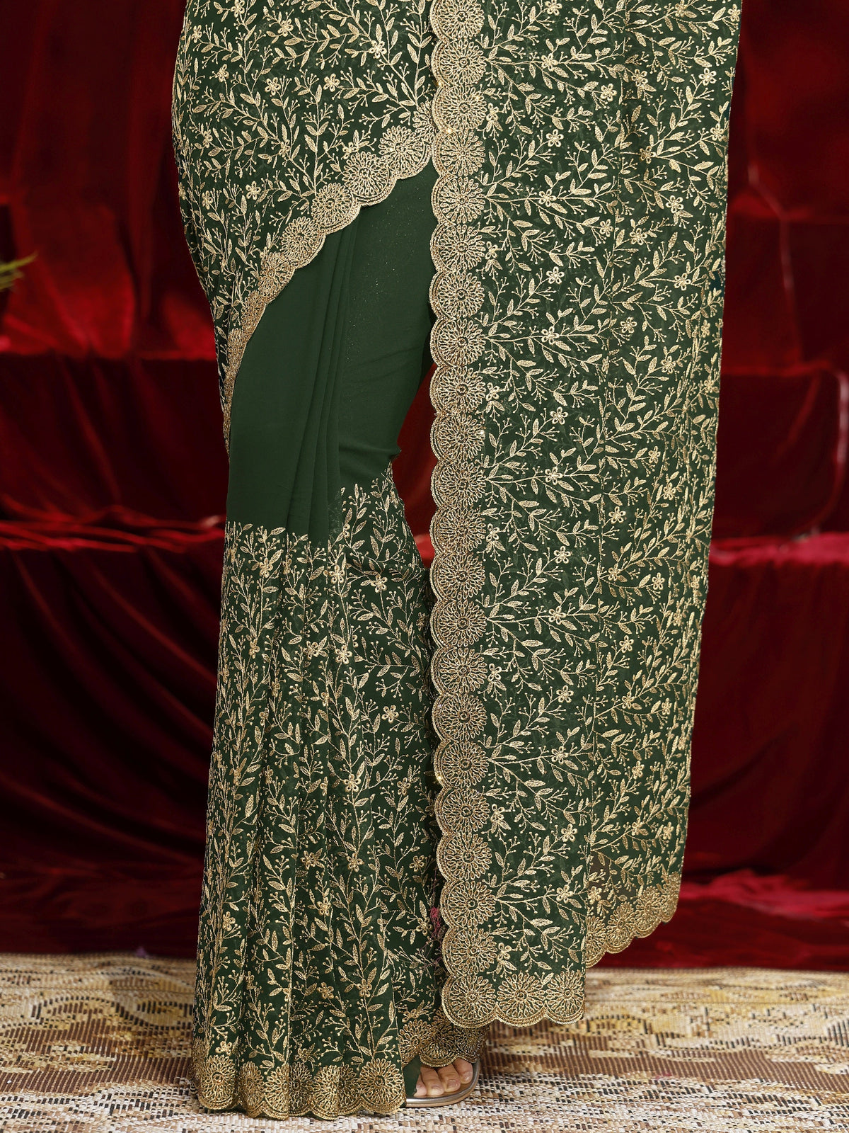 Libas Green Floral Embroidered Georgette Saree