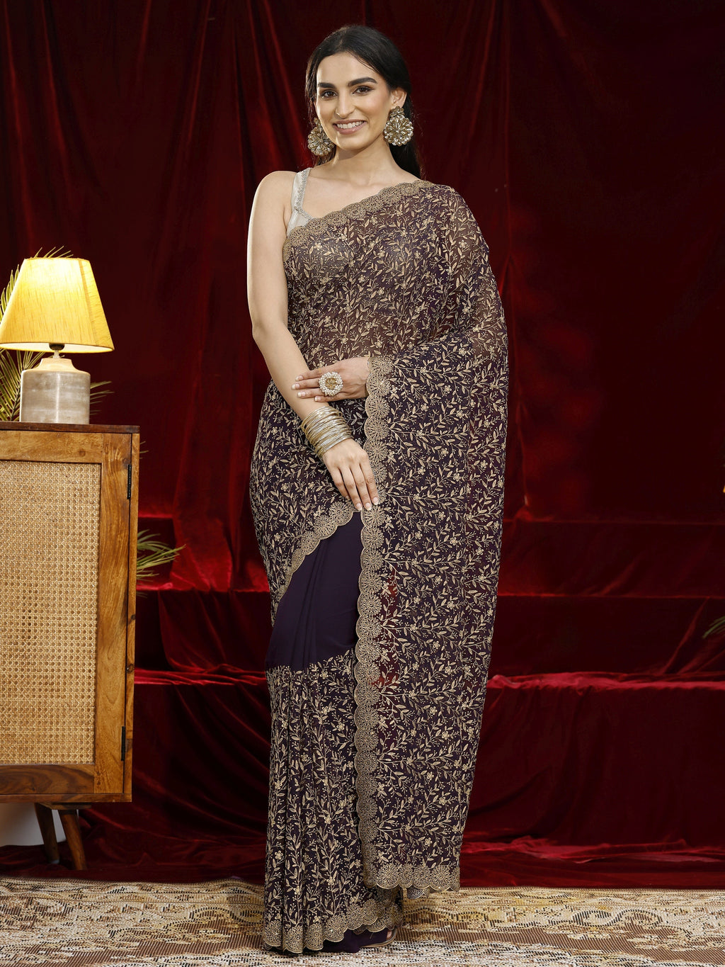 Libas Purple Floral Embroidered Georgette Saree