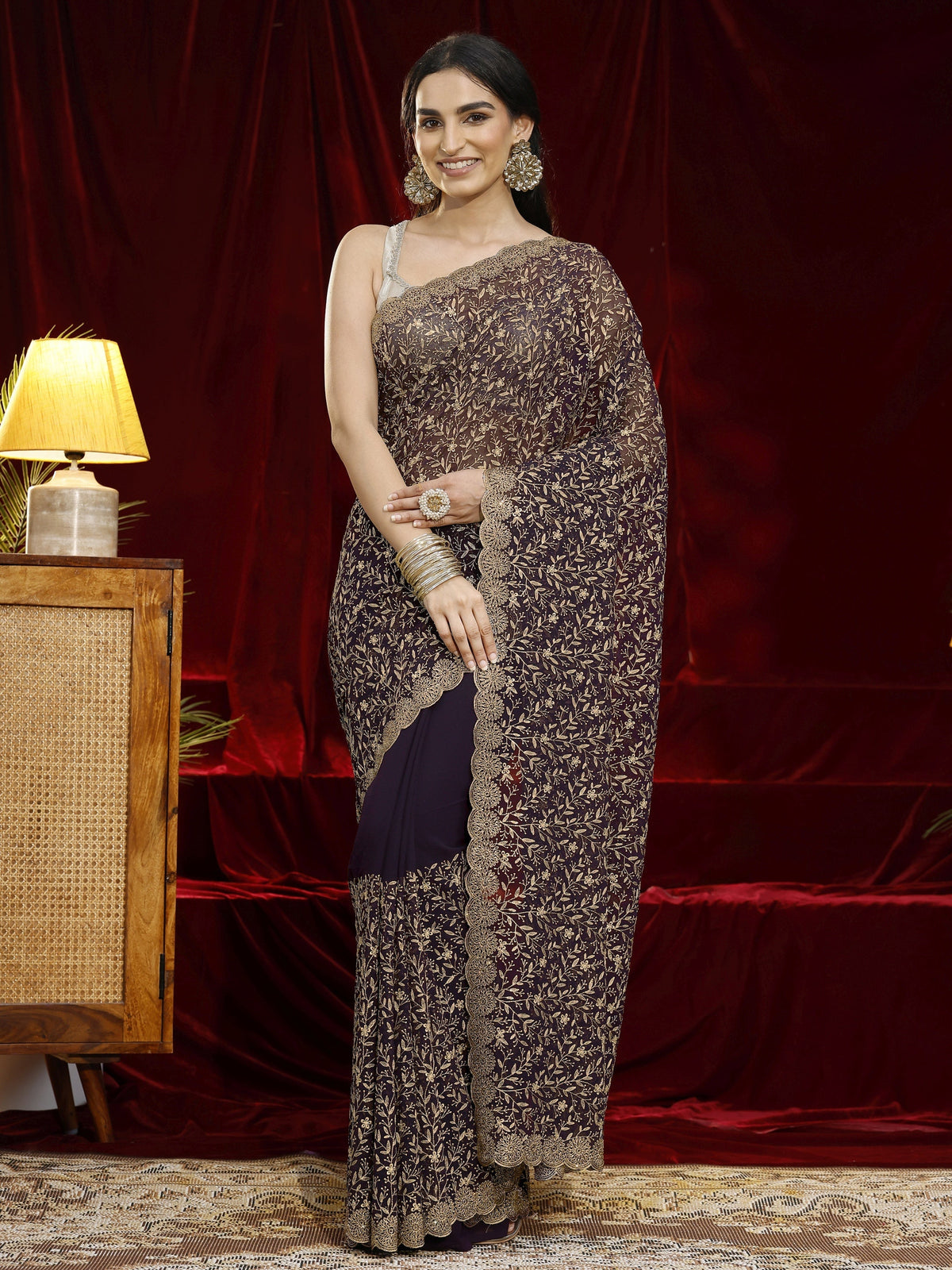 Libas Purple Floral Embroidered Georgette Saree
