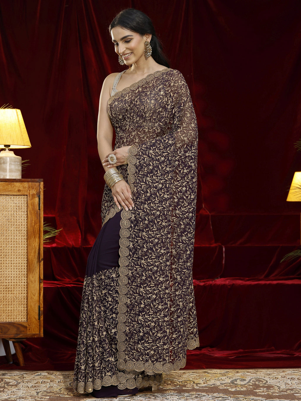 Libas Purple Floral Embroidered Georgette Saree