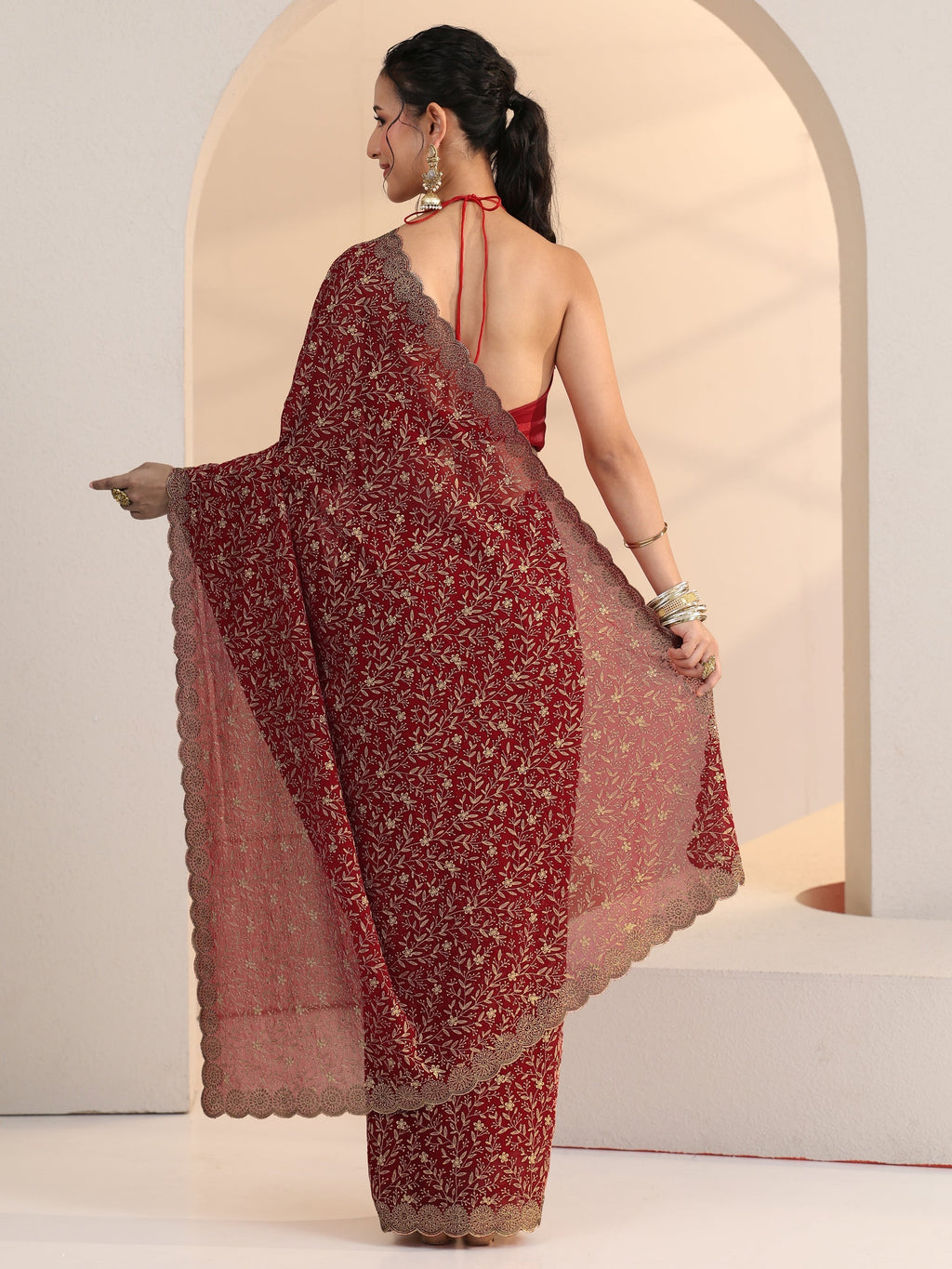 Libas Carmine Red Floral Embroidered Georgette Saree