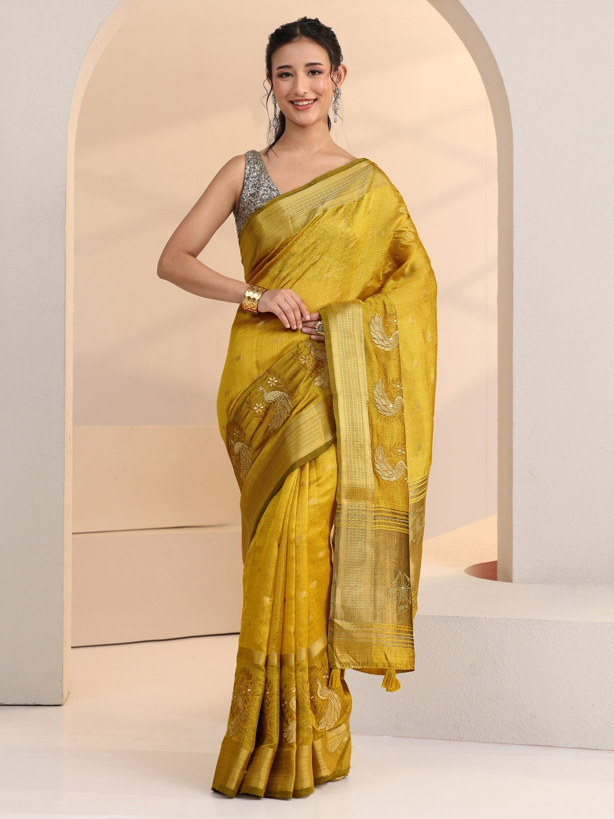Libas Henna Green Peacock Motif Chanderi Silk Saree