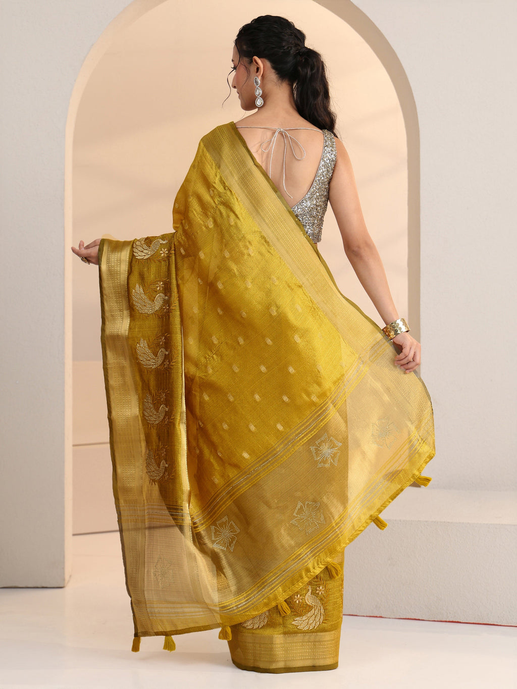 Libas Henna Green Peacock Motif Chanderi Silk Saree