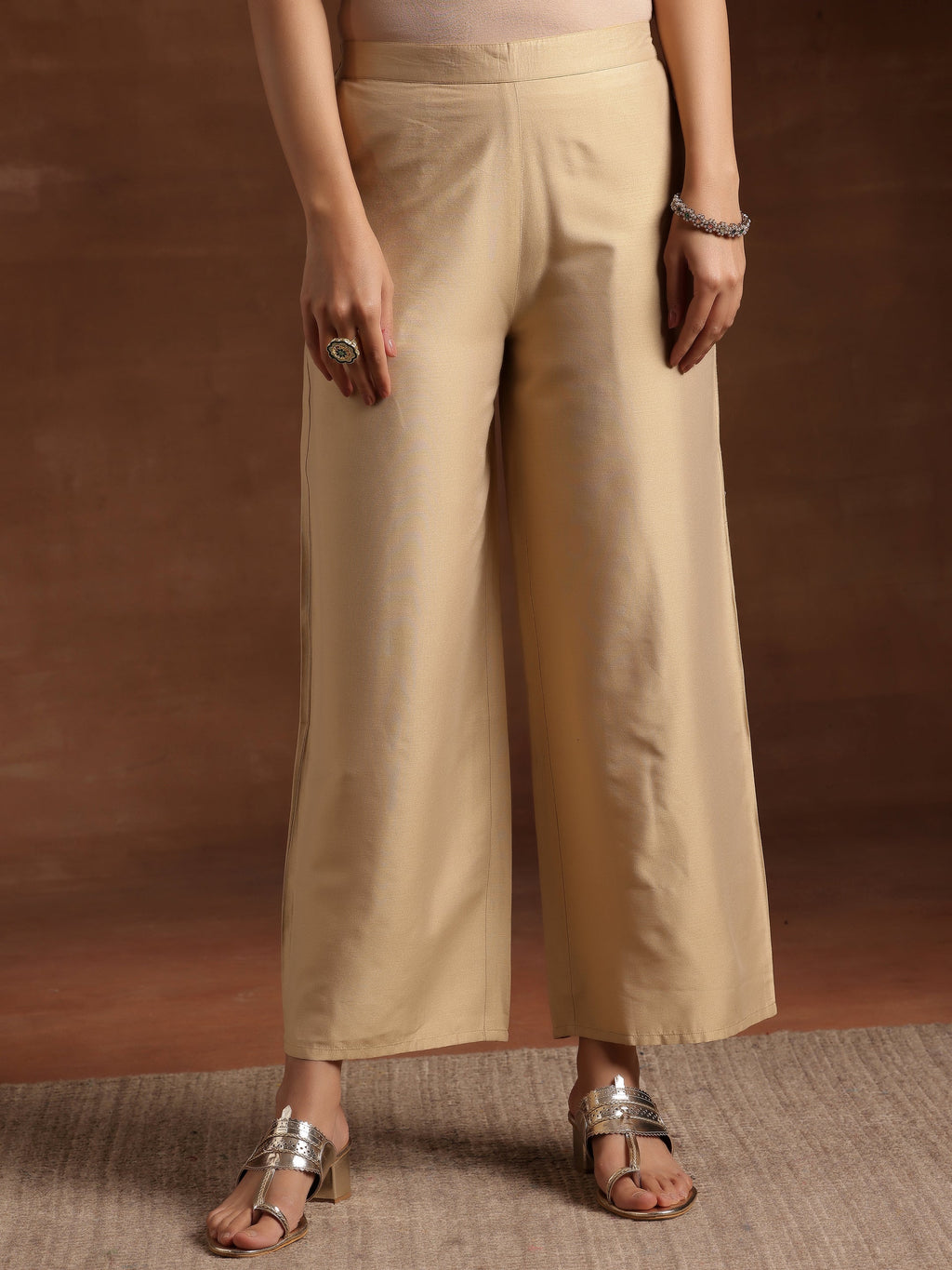 Libas Beige Solid Silk Palazzos