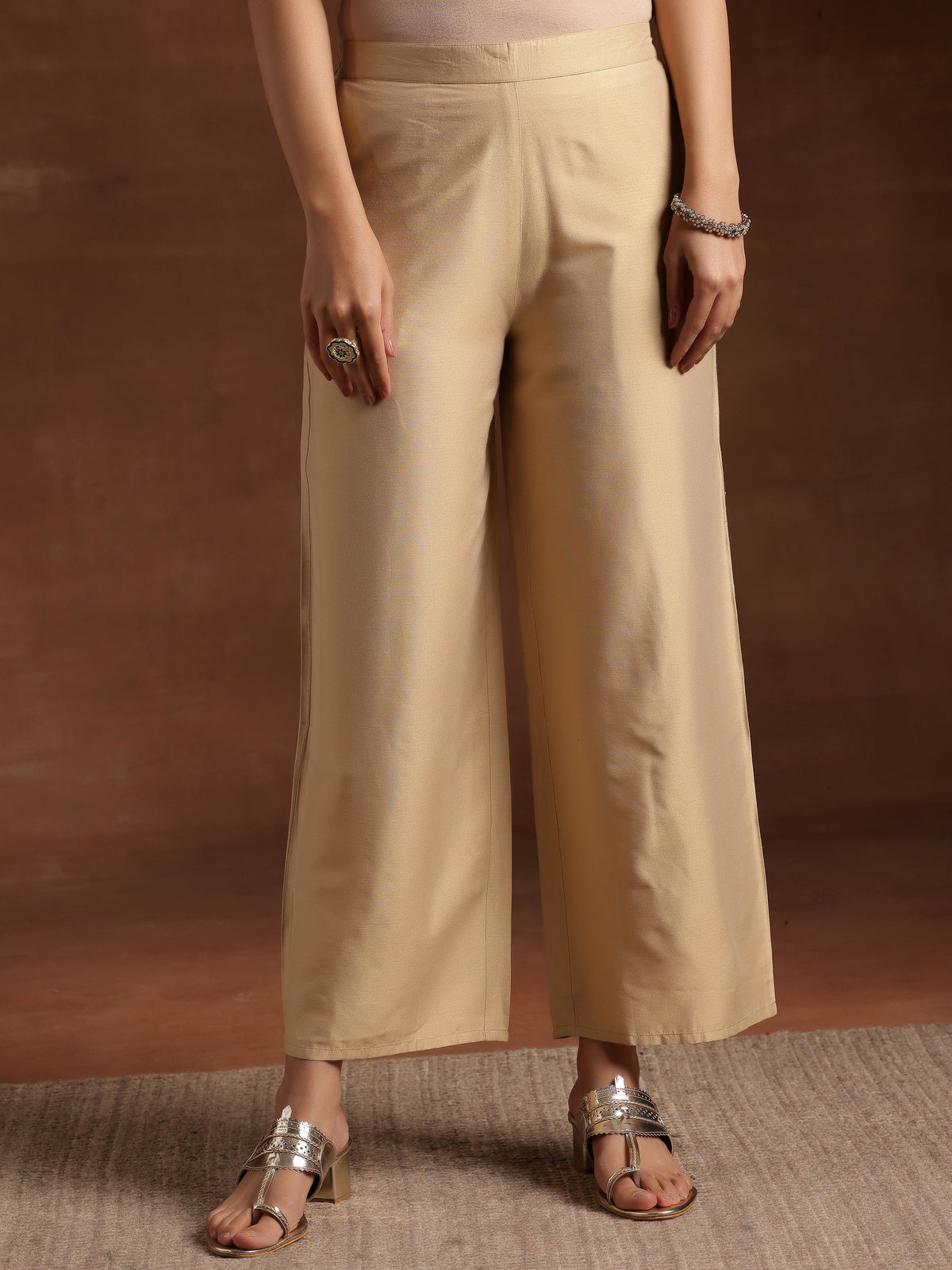 Libas Beige Solid Silk Palazzos