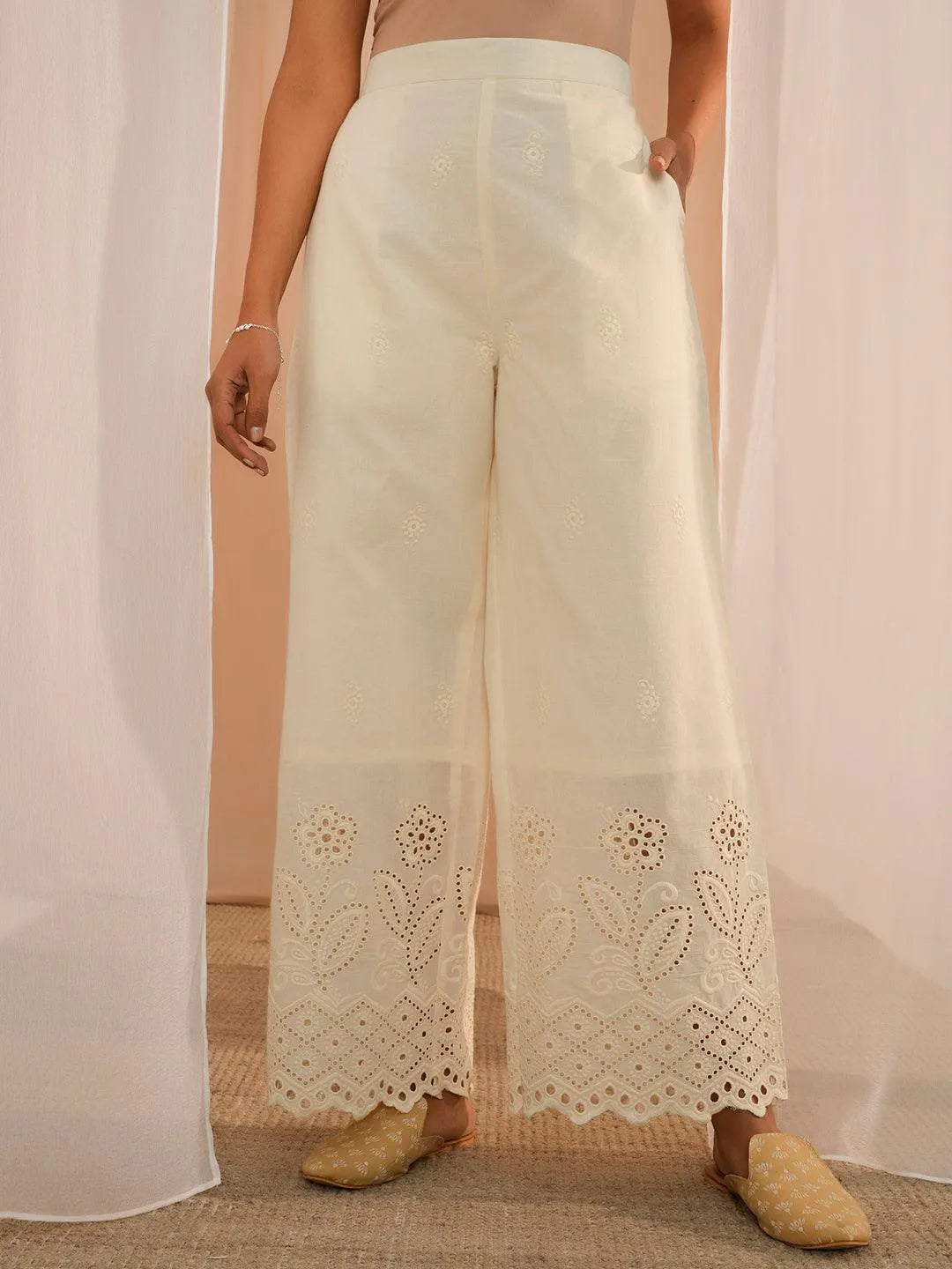 Libas Off White Embroidered Cotton Wide Leg Palazzos