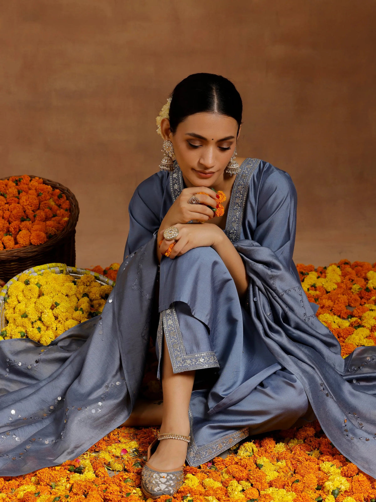 Gerua Grey Yoke Design Silk Blend Straight Suit With Dupatta