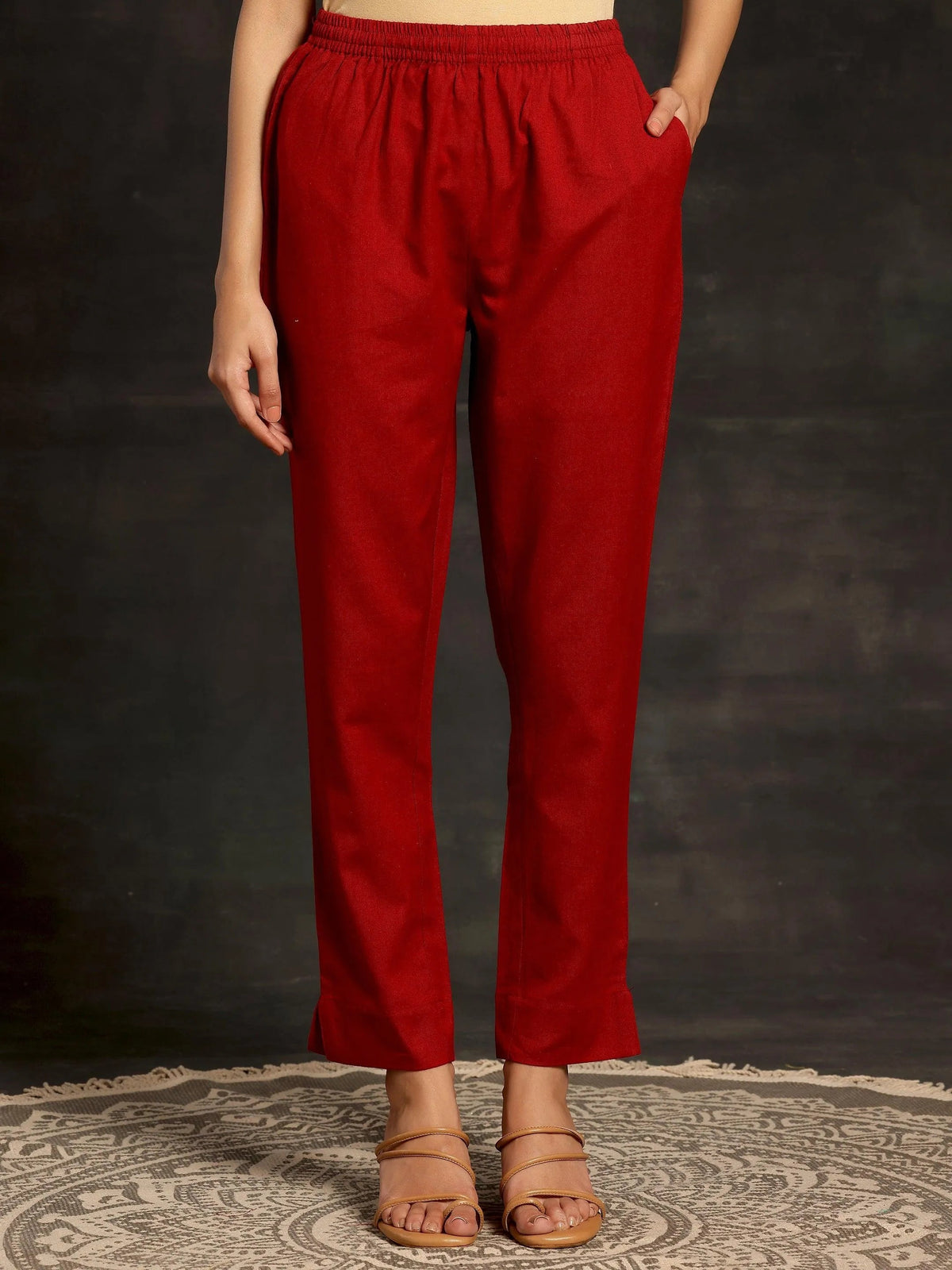 Libas Maroon Solid Cotton Straight Fit Trousers