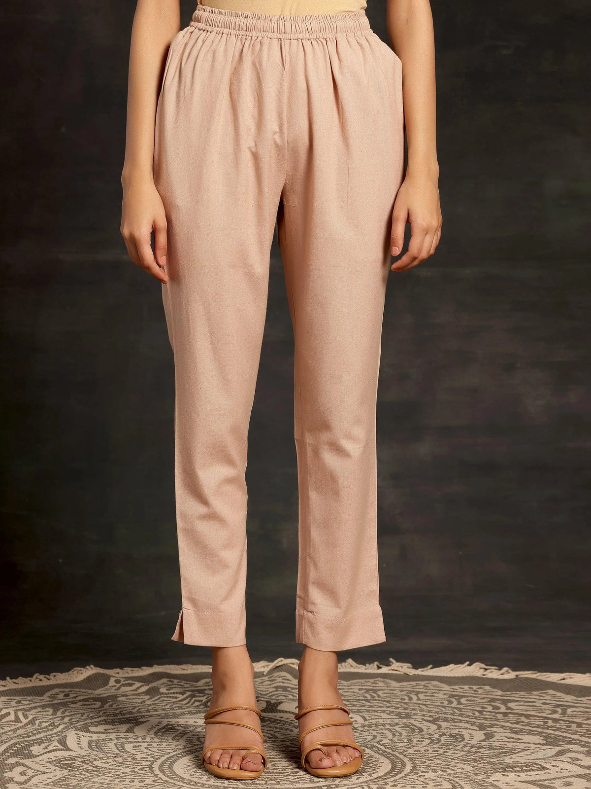 Libas Peach Solid Cotton Straight Fit Trousers
