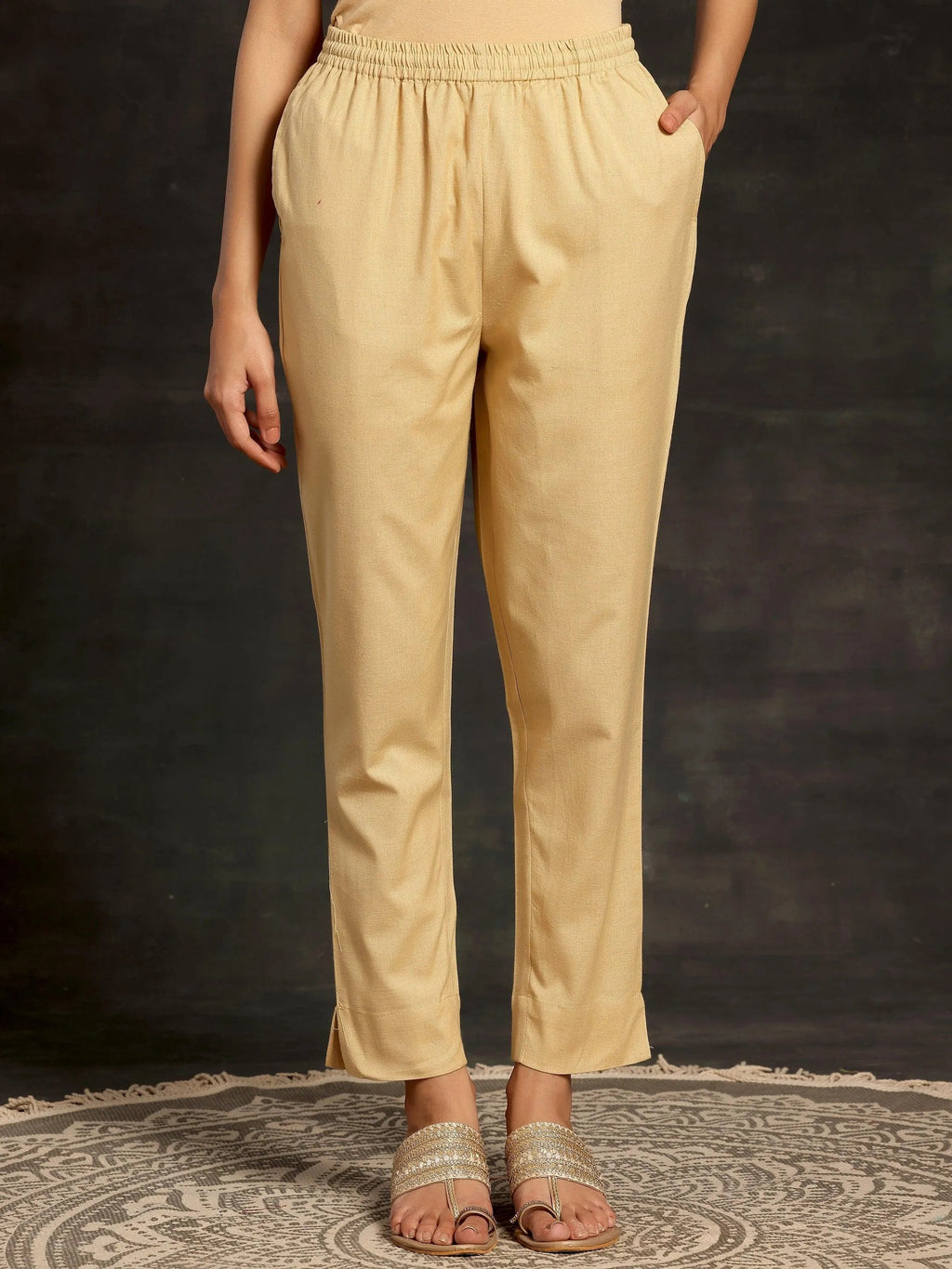 Libas Cream Solid Cotton Straight Fit Trousers
