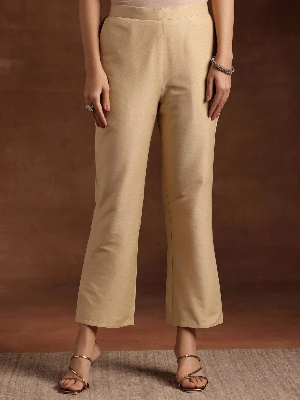Libas Beige Solid Silk Trousers