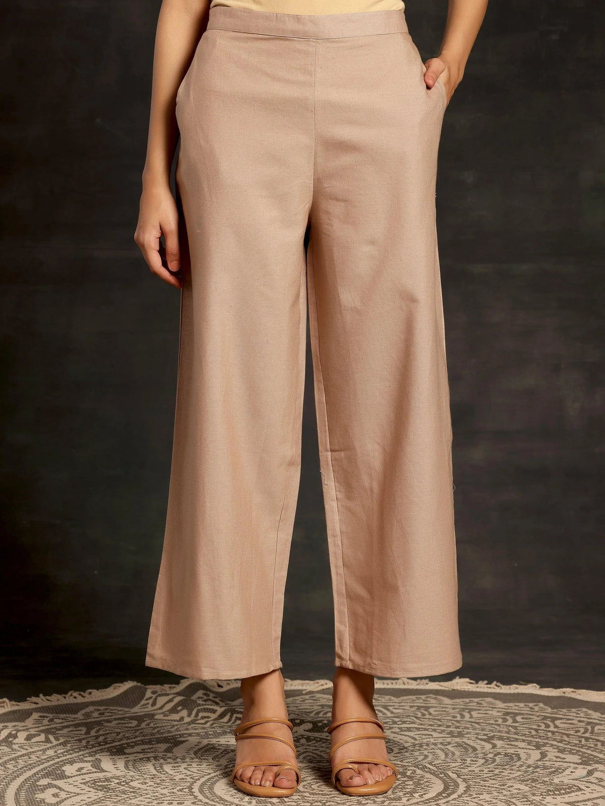 Libas Beige Solid Cotton Wide Leg Palazzos