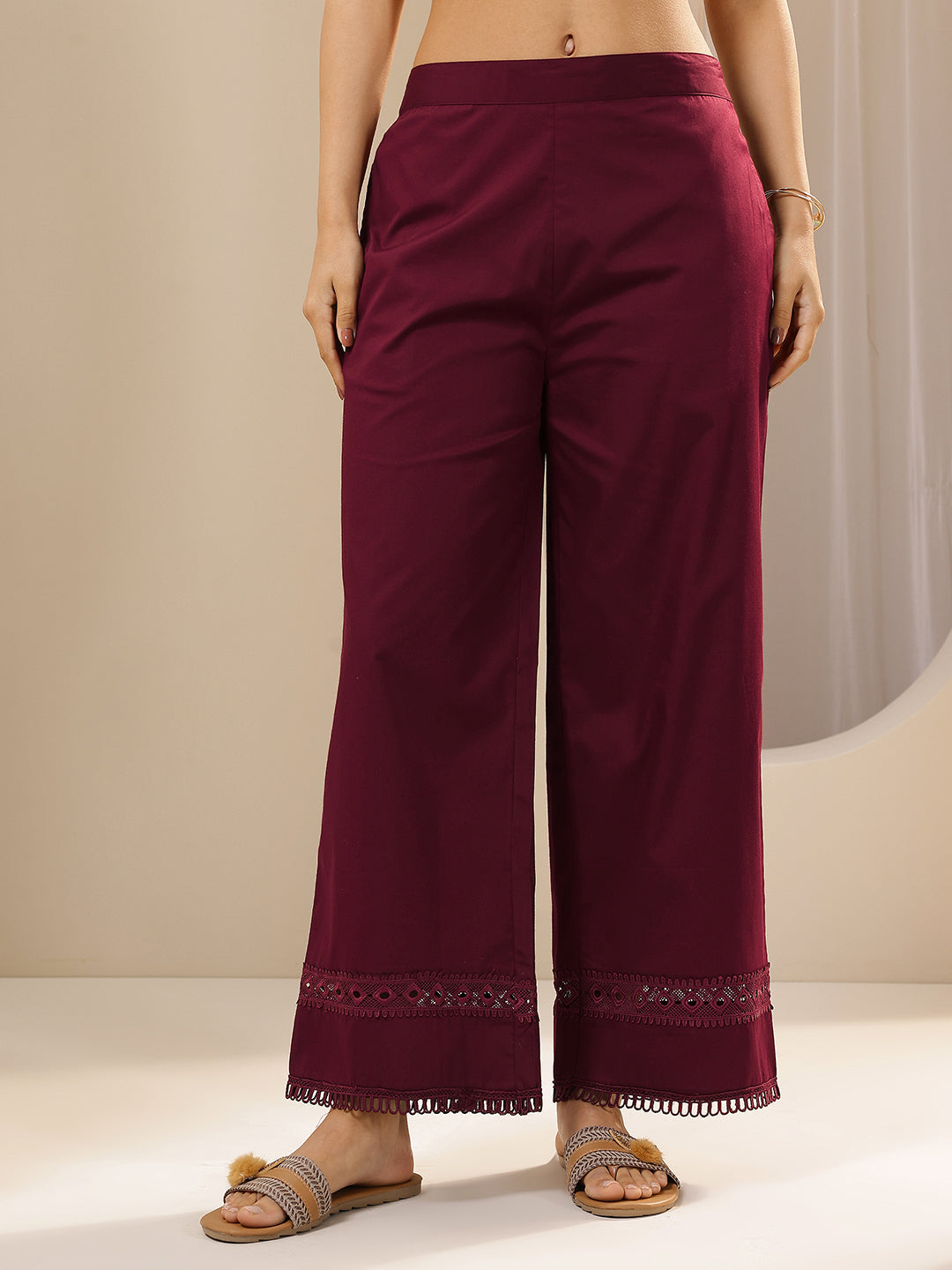 Libas Maroon Solid Cotton Palazzos