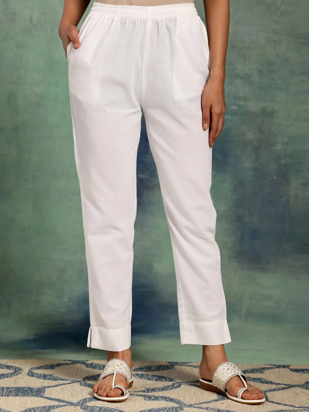 Libas White Solid Cotton Straight Fit Trousers