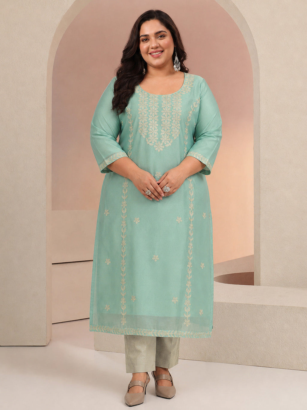 Plus Size Mint Green Floral Embroidered Silk Blend Straight Kurta