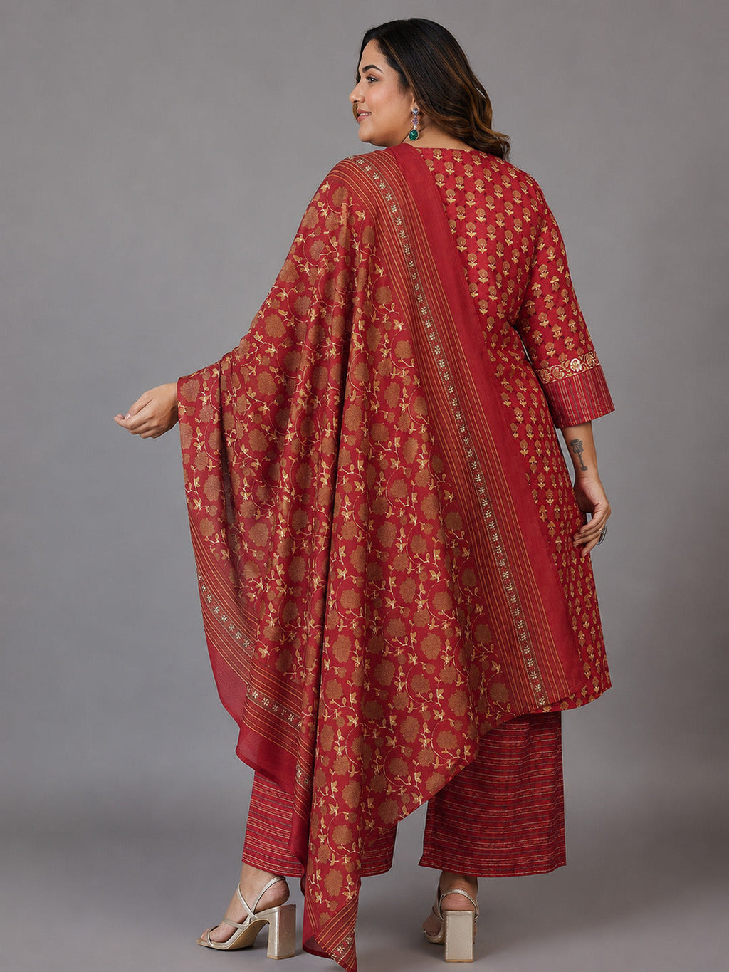 Plus Size Rust Printed Cotton Straight Suit With Dupatta