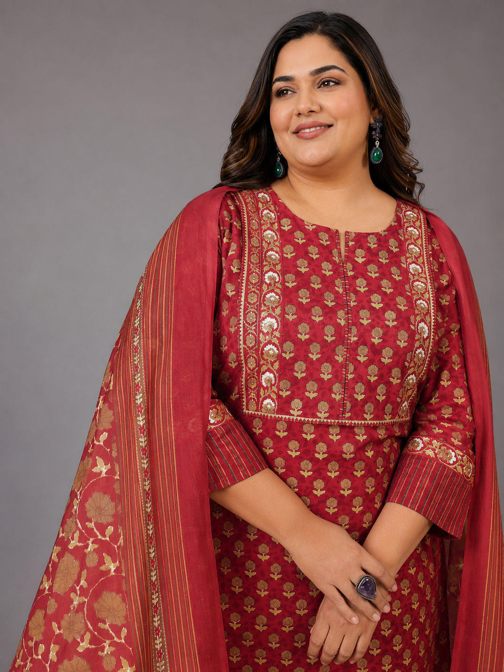 Plus Size Rust Printed Cotton Straight Suit With Dupatta