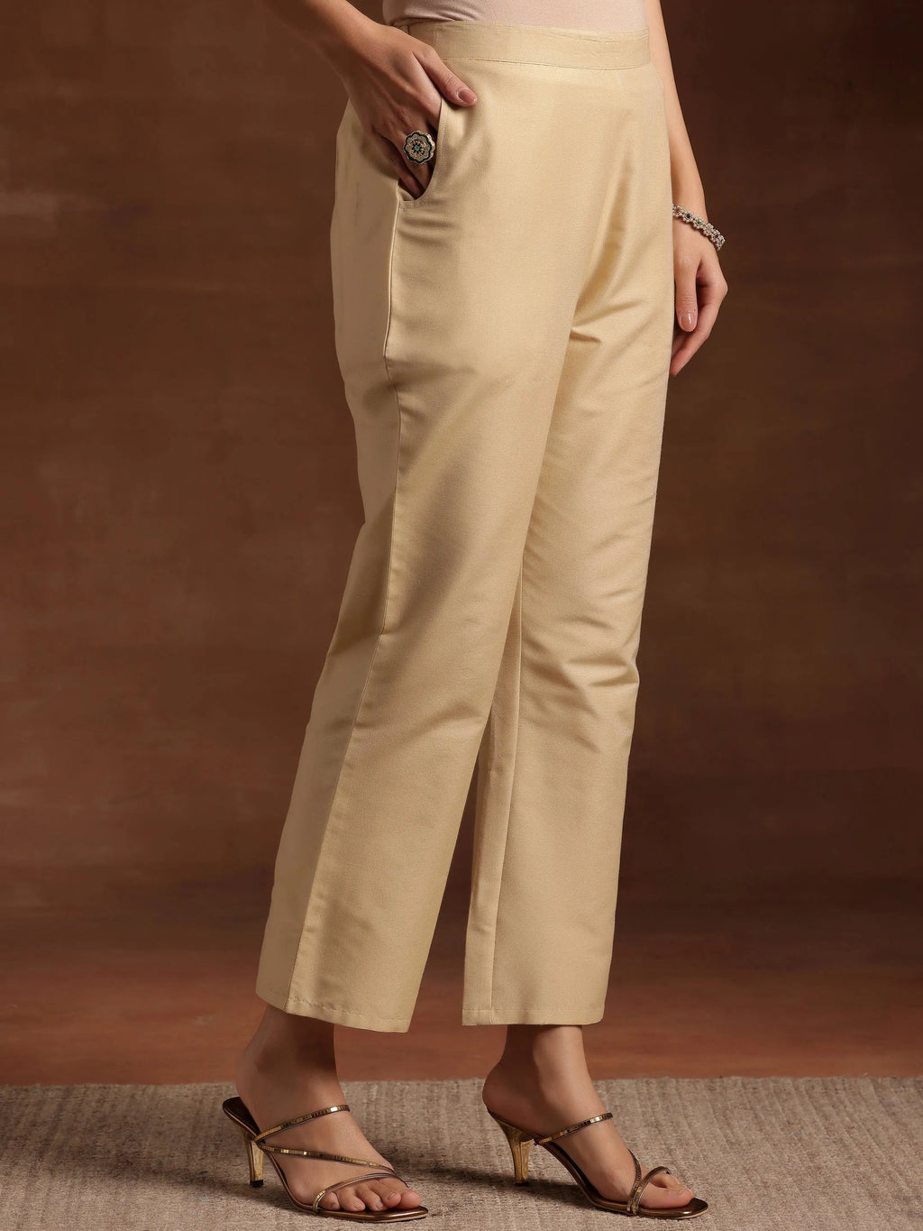 Libas Beige Solid Silk Trousers