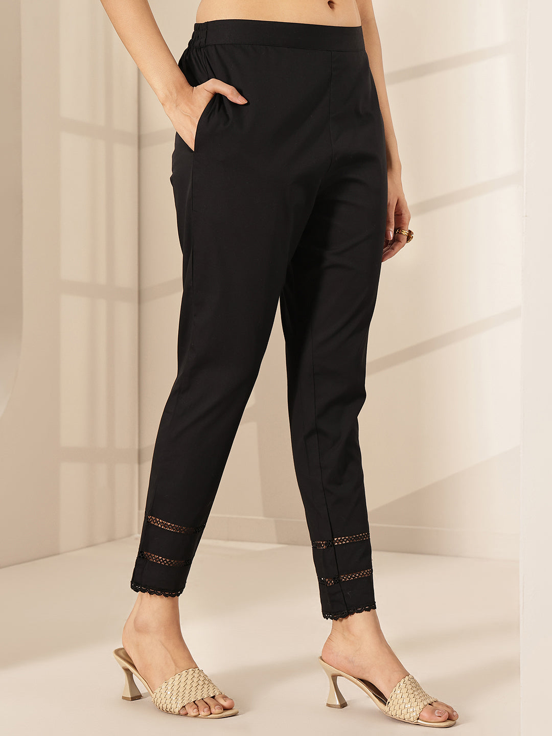 Libas Black Solid Cotton Trousers