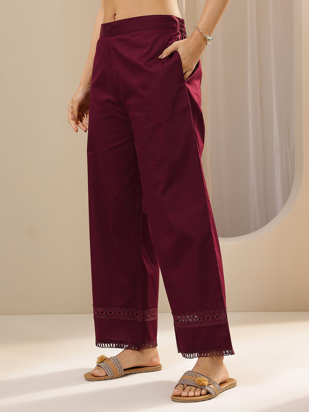 Libas Maroon Solid Cotton Palazzos