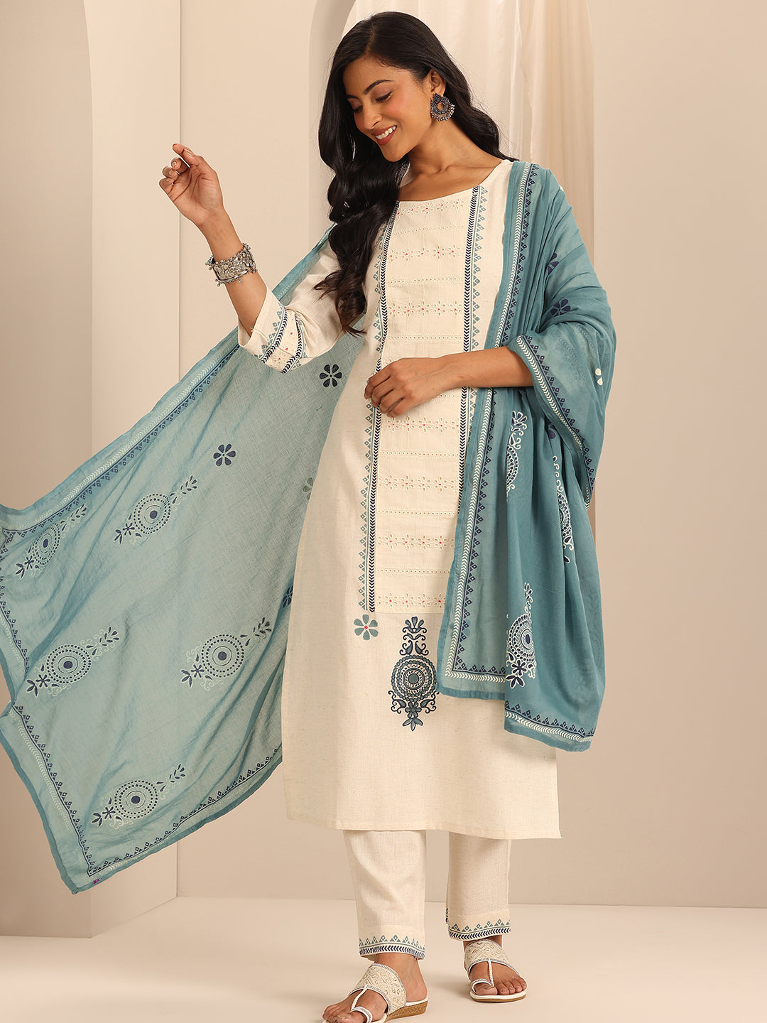 Libas Off White Printed Cotton Blend Straight Suit Set With Dupatta